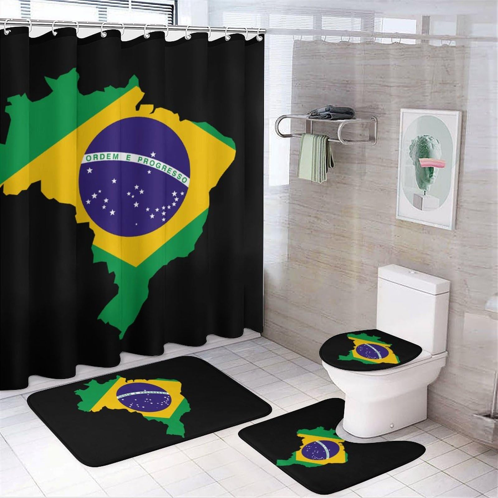 CGSBNGHA Brazil Flag Map Shower Curtain Set 4 Piece Bathroom Sets with Rugs Toilet Lid Cover And U-Shaped Floor Mat