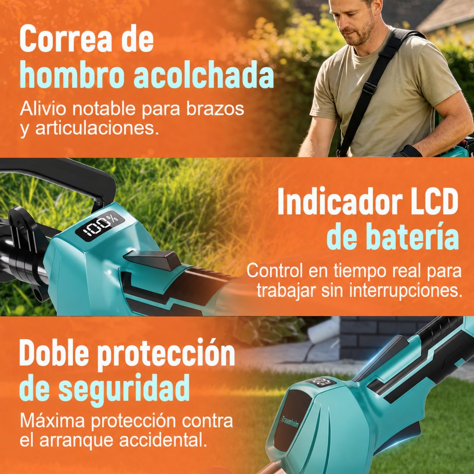 Recortador inalámbrico Traumheim 4-en-1 para Makita 950W | Motor sin escobillas, cepillo para malezas de 15 cm, sistema Tap&Go, tubo alargado, incluye 2 baterías de 4,0 Ah