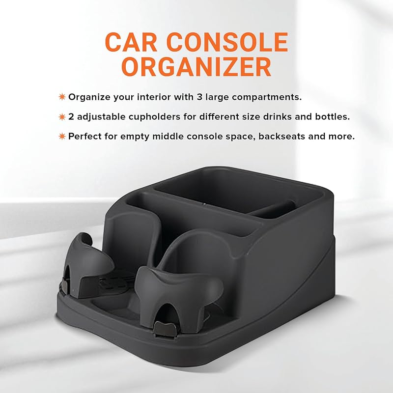 Armor All Car Console Organizer, Car Seat Organizer with 2 Adjustable Cup Holders, 3 Large Storage Compartments, Seatbelt for Secure Hold, Vehicle Middle Seat Organizer for Cars, Trucks, Minivans