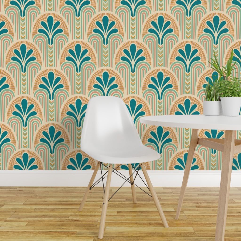 Spoonflower Removable Wallpaper Swatch - Beach Art Deco Vintage Retro Pastel Fan Colorful Teal Orange Custom Pre-Pasted Wallpaper