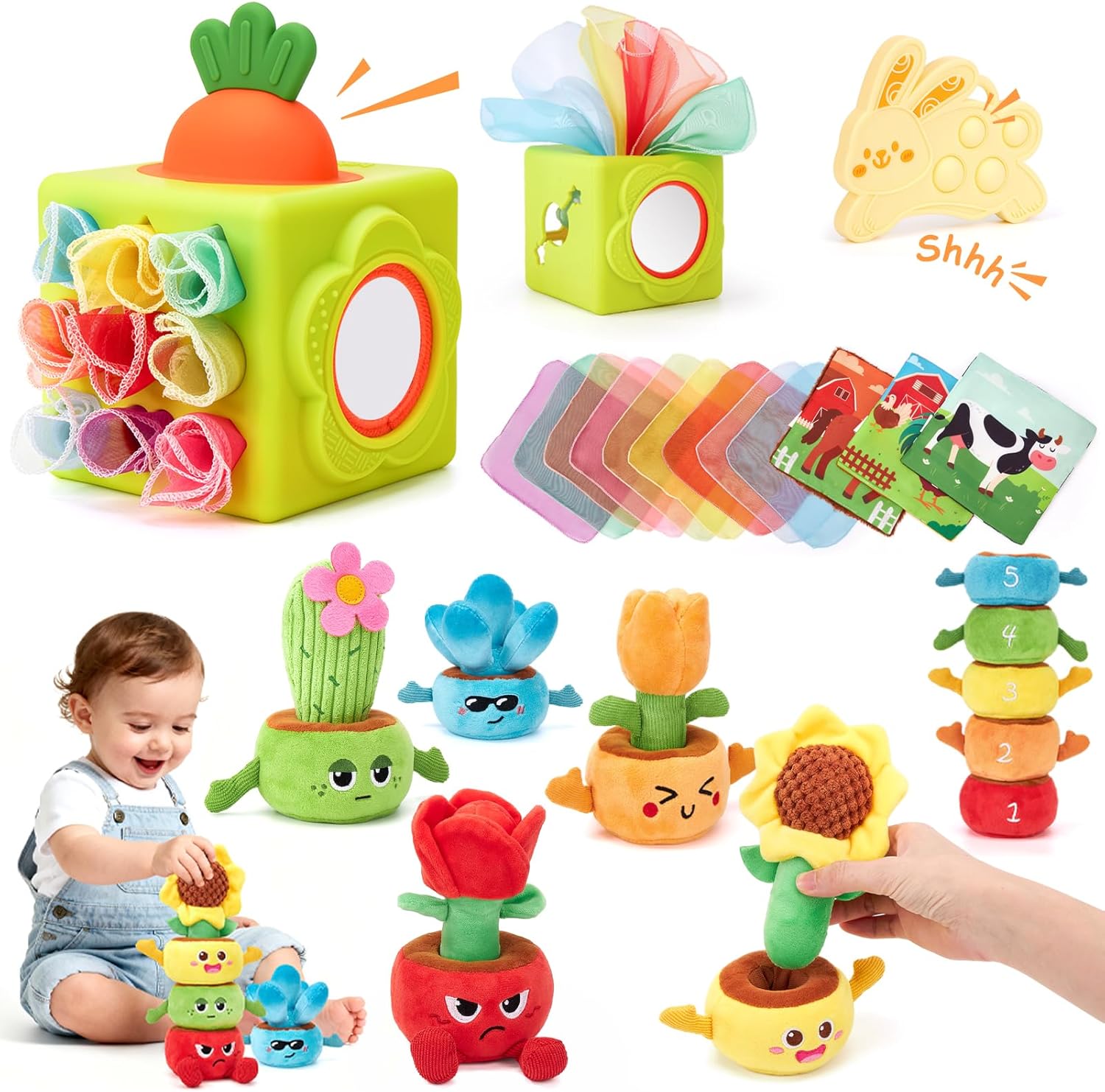 hahaland Montessori Baby Toys Bundle for 6–18 Months – Silicone Activity Tissue Box Cube & Plush Garden Stacking Toy, Fine Motor, Sensory & Early Learning Gifts for Boys & Girls