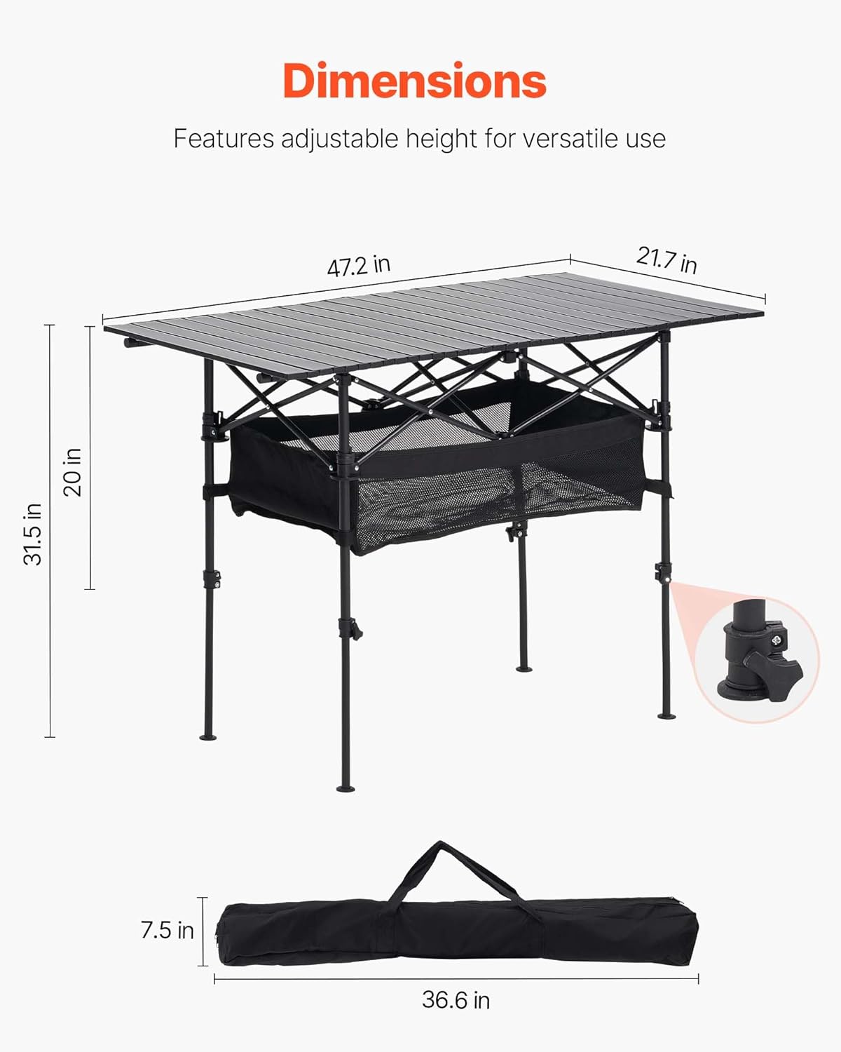VEVOR Folding Camping Table, Portable Roll Up Side Tables, Lightweight Aluminum Beach Table for Outdoor BBQ Tailgating Picnic, Travel (47 inch-Black)