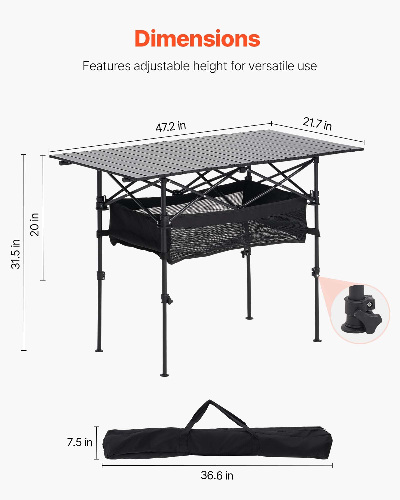 VEVOR Mesa de Camping Plegable Portátil Enrollable, Aluminio, con Altura Ajustable, Bolsa de Almacenamiento Grande y de Transporte, para Barbacoas, Picnics, Viajes, 1200 x 550 x 500 mm, Negro