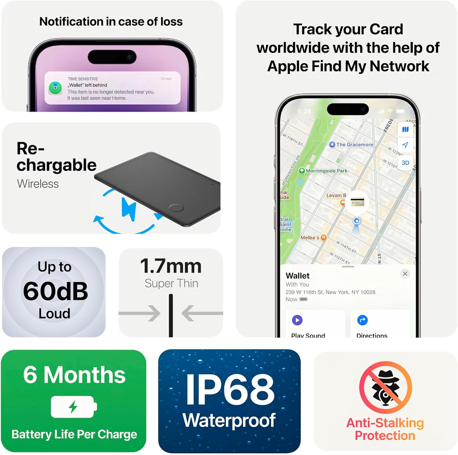Wallet Tracker Card, Rechargable, Works with Apple Find My, iPhone (iOS Only), Bluetooth Item Locator for Luggage, Bags, Passport, IP68 Waterproof (4 Pack)