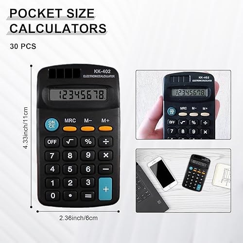 Miniatura 2 de 30 piezas de tamaño de bolsillo mini calculadora Merkaunis calculadora de bolsillo a granel negro alimentado por batería portátil 8 dígitos