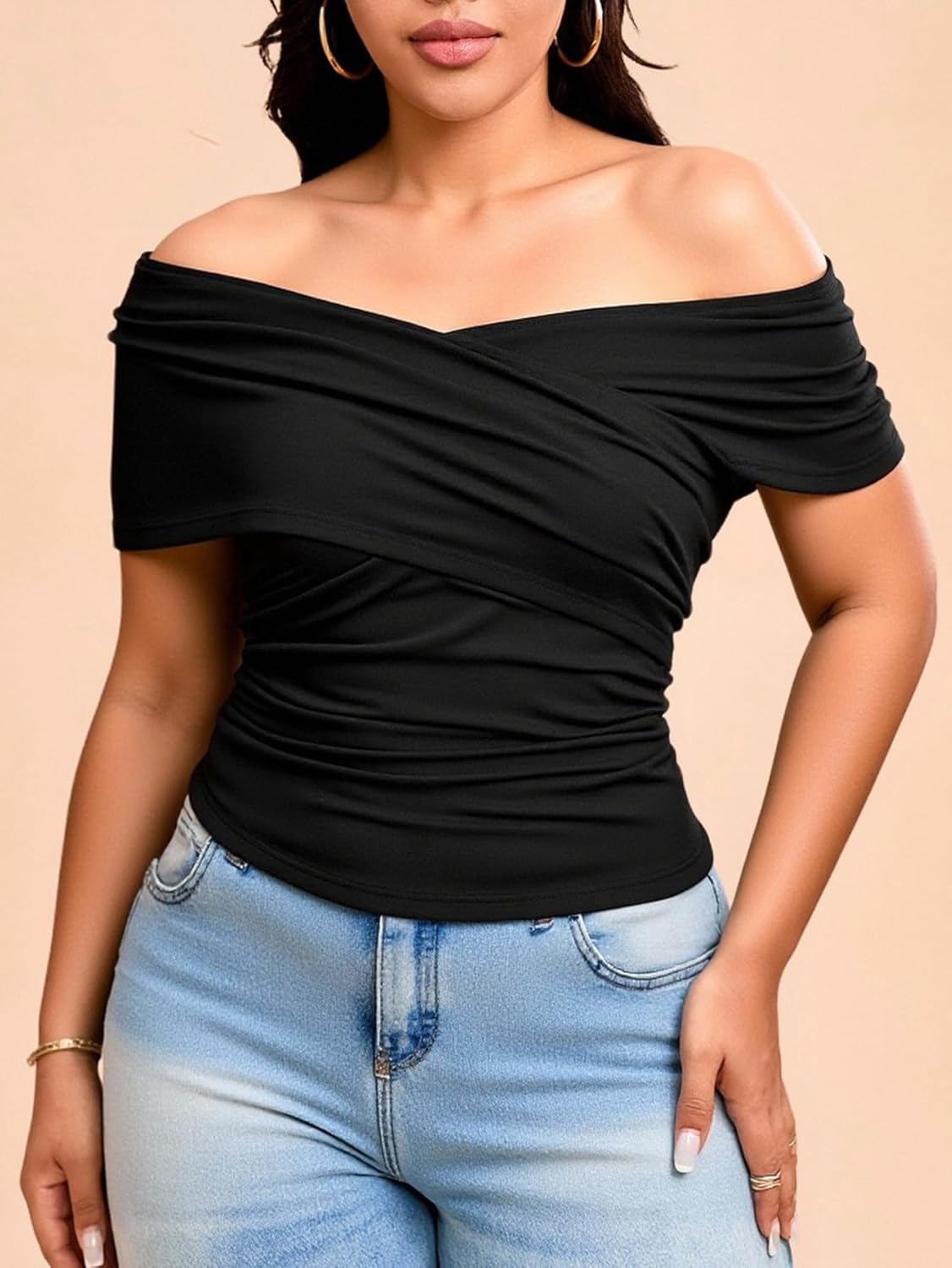 Women's Plus Size Off The Shoulder Tops Ruched Wrap Short Sleeve Going Out T Shirts - Image 4