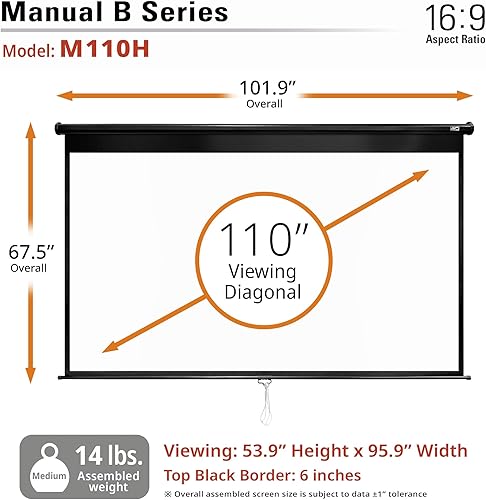 Miniatura 8 de Elite Screens Manual B - Pantalla de proyector desplegable manual de 110 pulgadas, diagonal de 169 diagonal 4K 8K 3D Ultra HDR HD listo para cine en