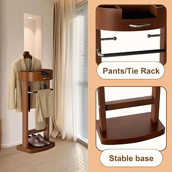 Solid Wood Suit Rack Stand, Freestanding Valet Stand with Tray, Men's Valet Coat Stand with Contour Hanger, Solid Base, for Bathroom Office Bedroom, Walnut