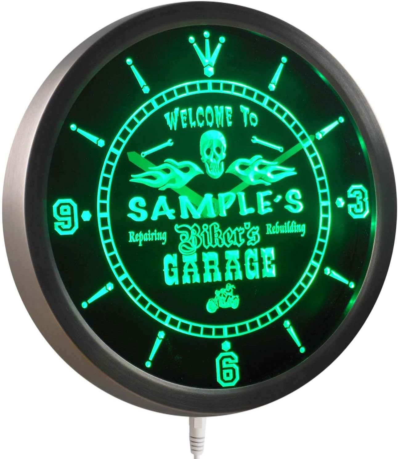 AdvPro ncqu-tm Personalized Name Biker's Skull Garage Motorcycle Neon Sign LED Wall Clock