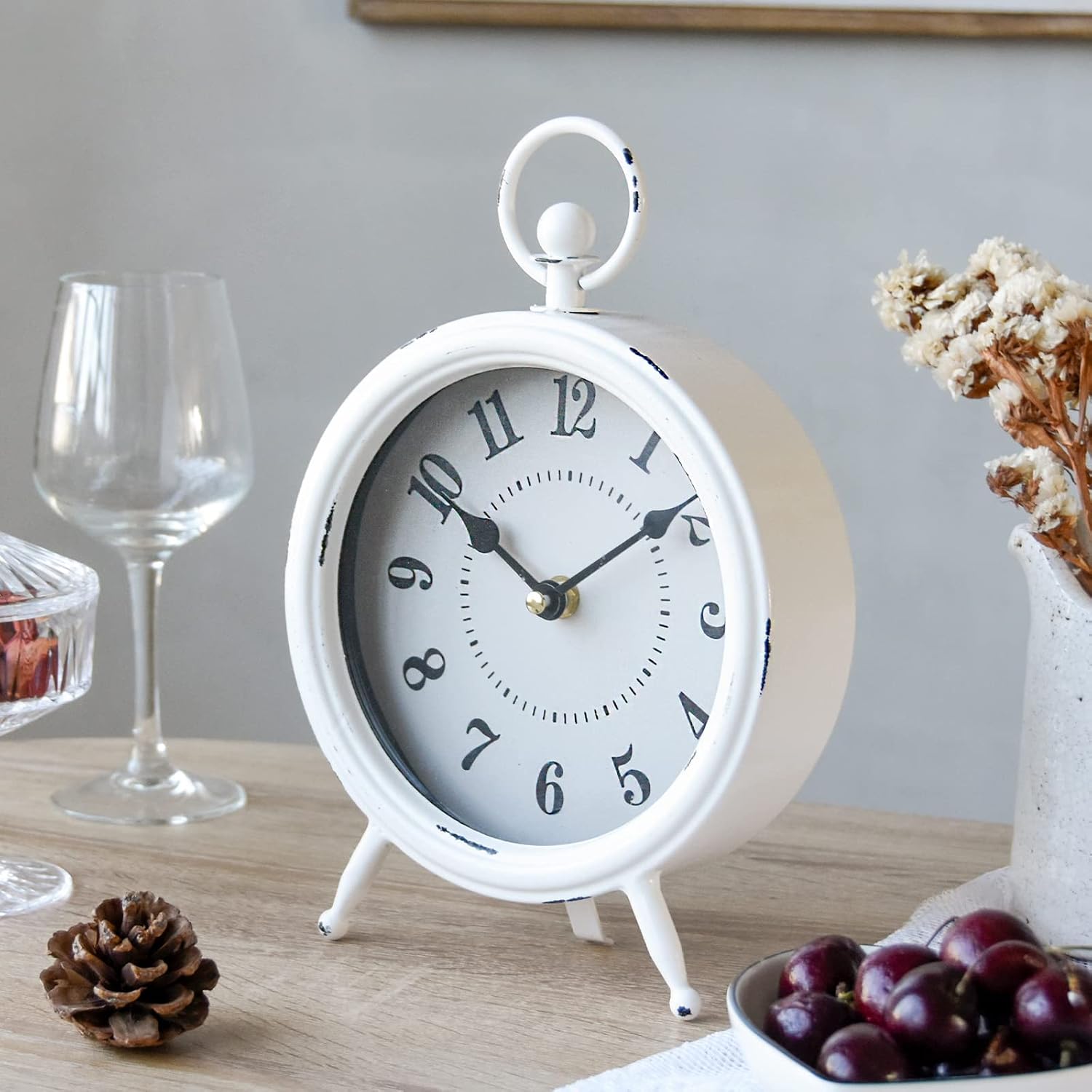 EMAX HOME Vintage Rustic White Table Clock on Stand, Decorative Desk & Shelf Clock, Rustic Mantel Farmhouse Non-Ticking
