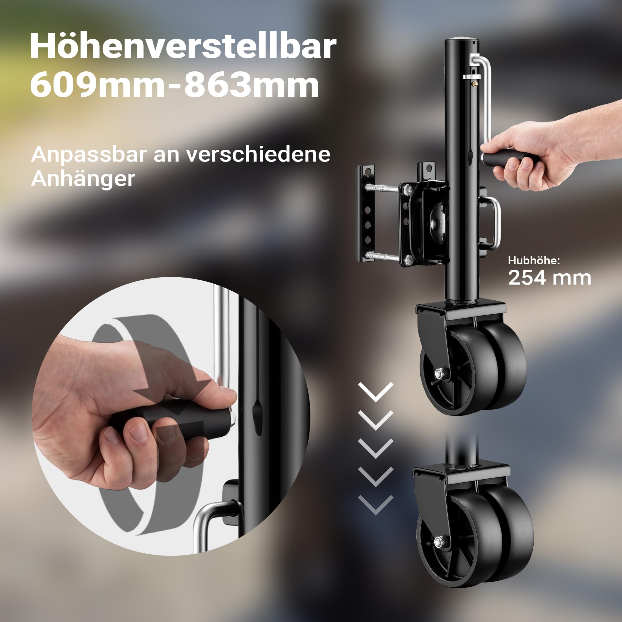 Wiltec Doppelstützrad bis 680 kg, Anhängerstütze aus Stahl, Stützlast Bugrad mit Schwenkarm, Schwerlast Abstellstütze mit Zwillingsrädern