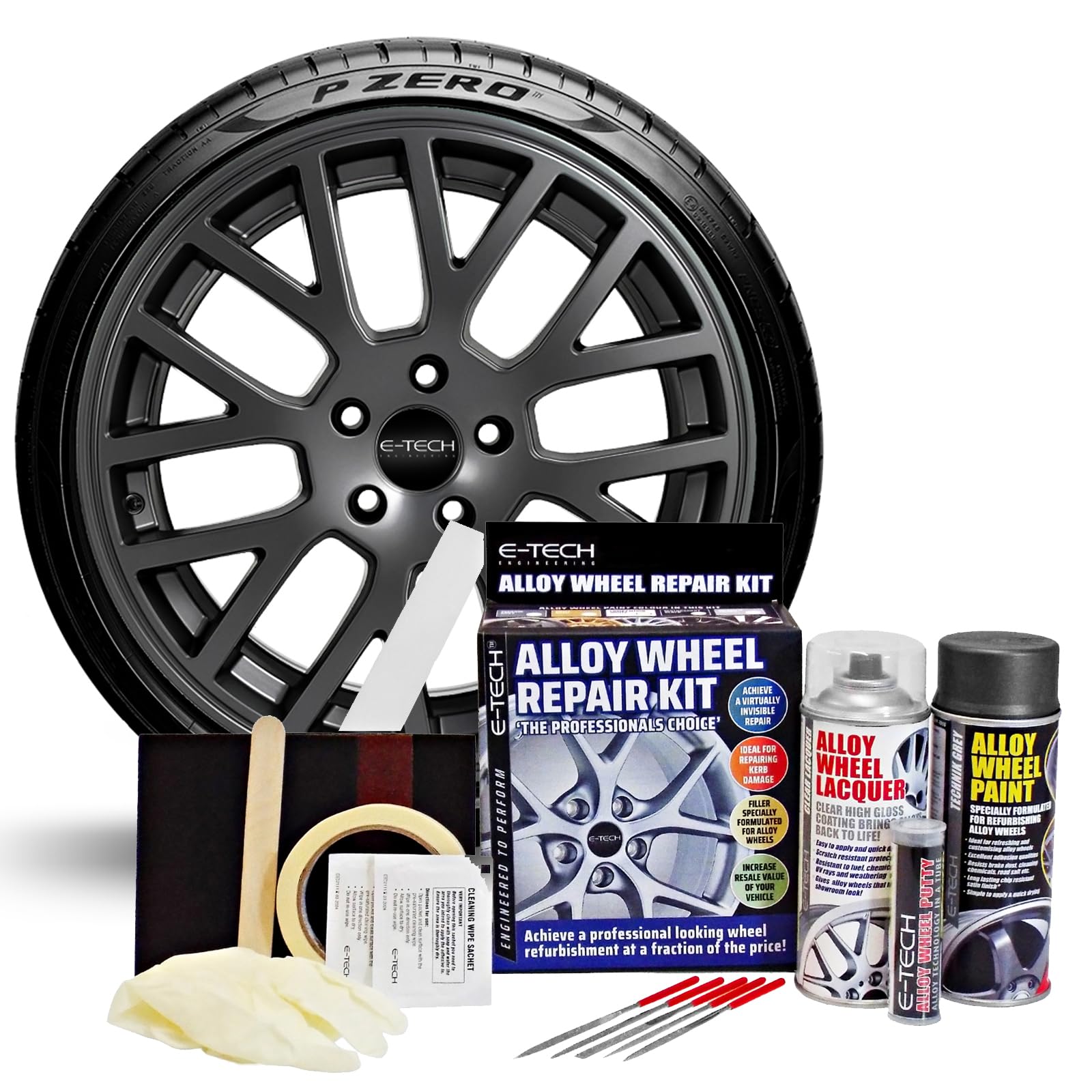E-TECH Alloy Wheel Repair Kit - wheel rim refurbishment to professionally restore and refurbish car alloy wheel rim damage, scuffs & scrapes (Technik Grey)