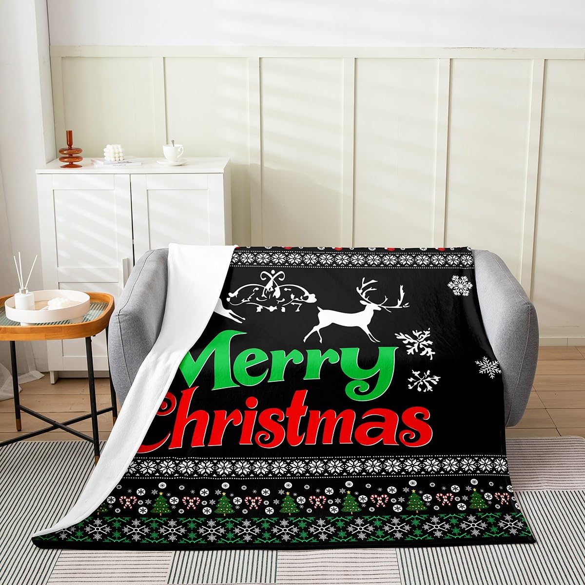 Erosebridal Merry Christmas Sherpa Blanket, Xmas Tree Deer Fleece Blanket Kids Adult, Magic Snowflake Decor for Teens Youth, Winter Theme Floral Black Pattern for Home Room Decor Queen