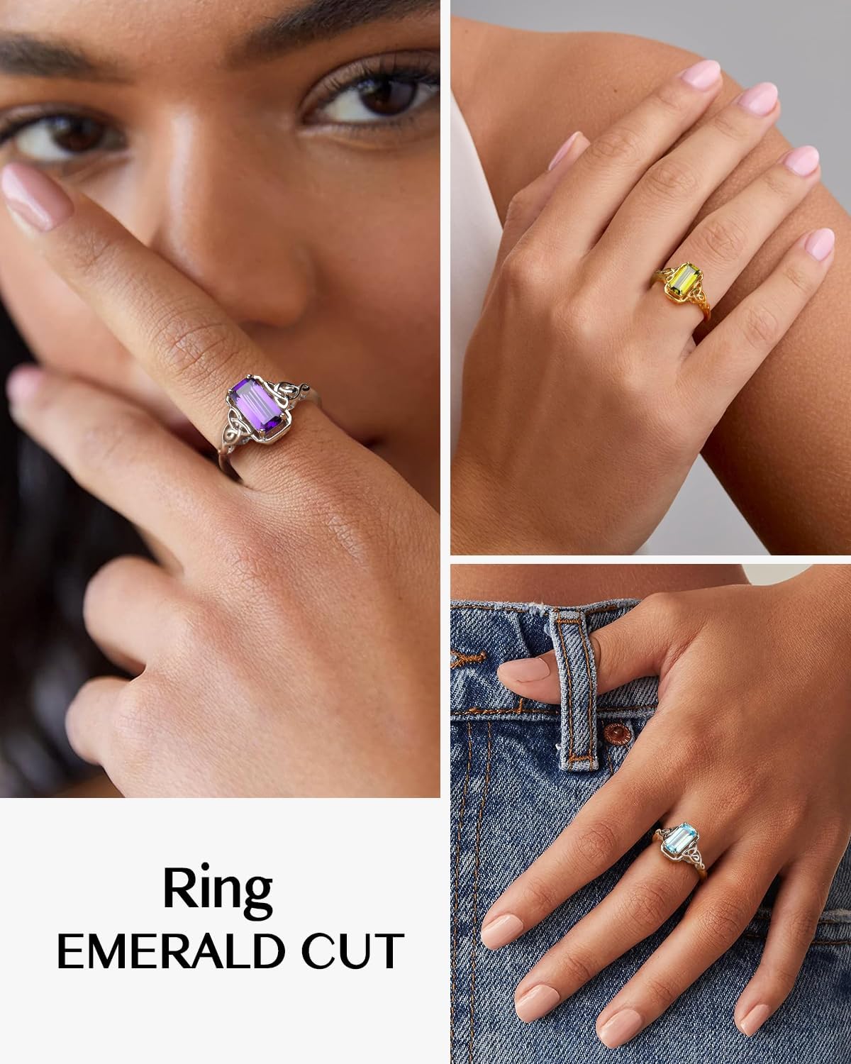 DAYBYDAY Celtic Birthstone Rings for Women, 925 Sterling Silver/18K Gold Plated Emerald Cut Celtic Knot Engagement Wedding Ring, Square Created Gemstone Promise Rings for Her Size 6-10 - Image 2