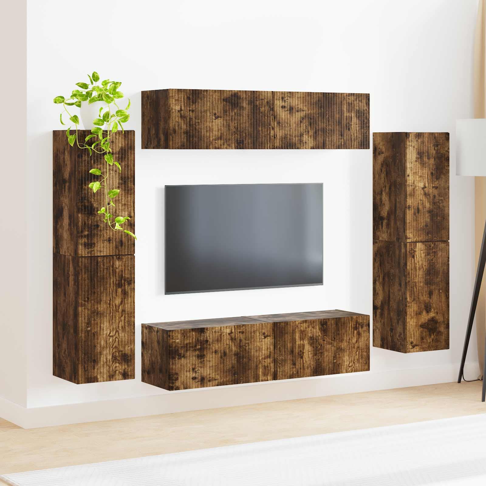 8-TLG. TV-Schrankset Wohnwand aus Holzwerkstoff, Geräucherte Eiche, Modernes Media-Center für Wohnzimmer, Wandregal-Set mit Stauraum für TV, Technik und Deko, 31x30x60cm & 60x31x29,5cm