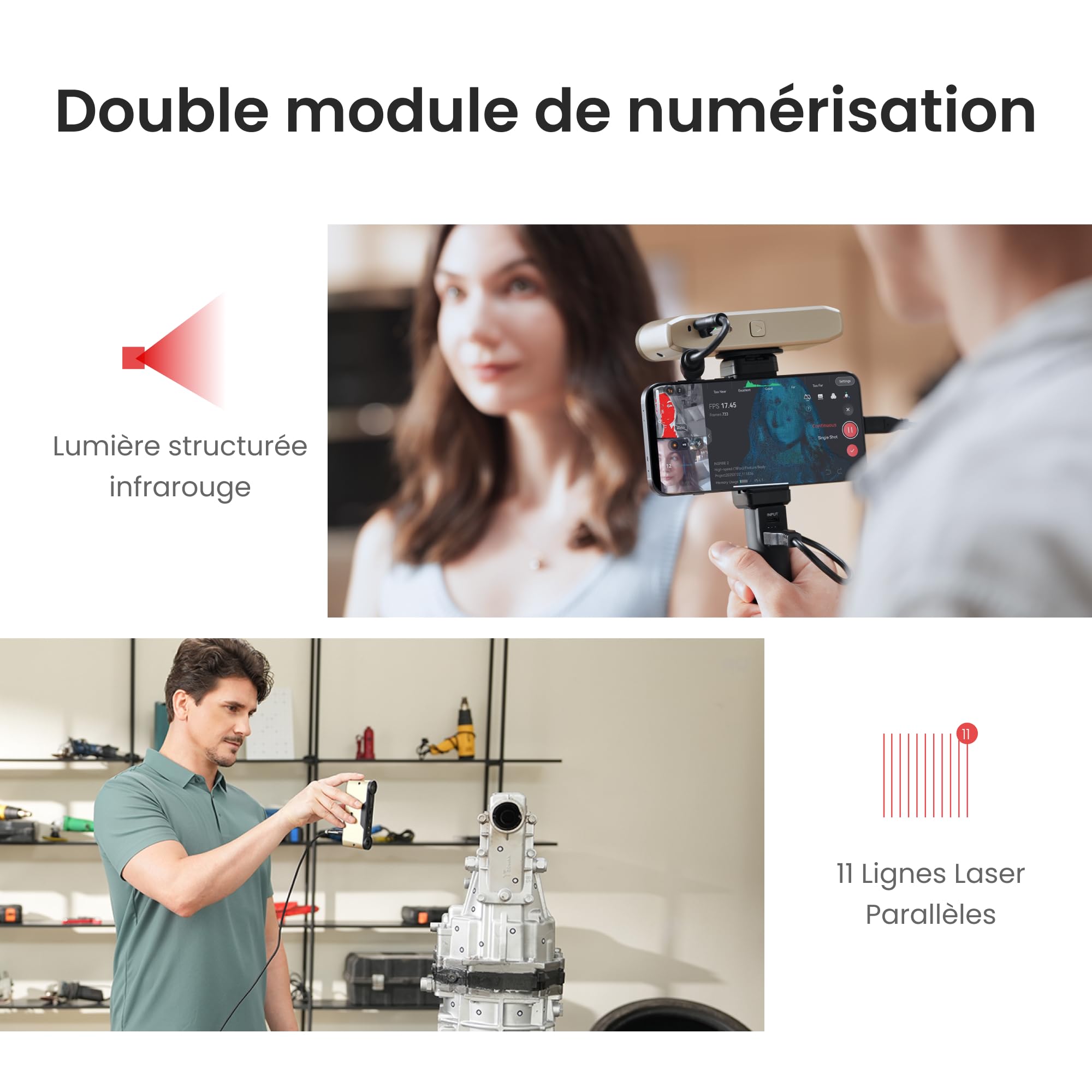 Revopoint INSPIRE 2 Scanner 3D pour impression 3D, précision jusqu’à 0,03 mm, laser multi-lignes et lumière structurée, numérisation sans fil et en extérieur, scans en couleur, Premium
