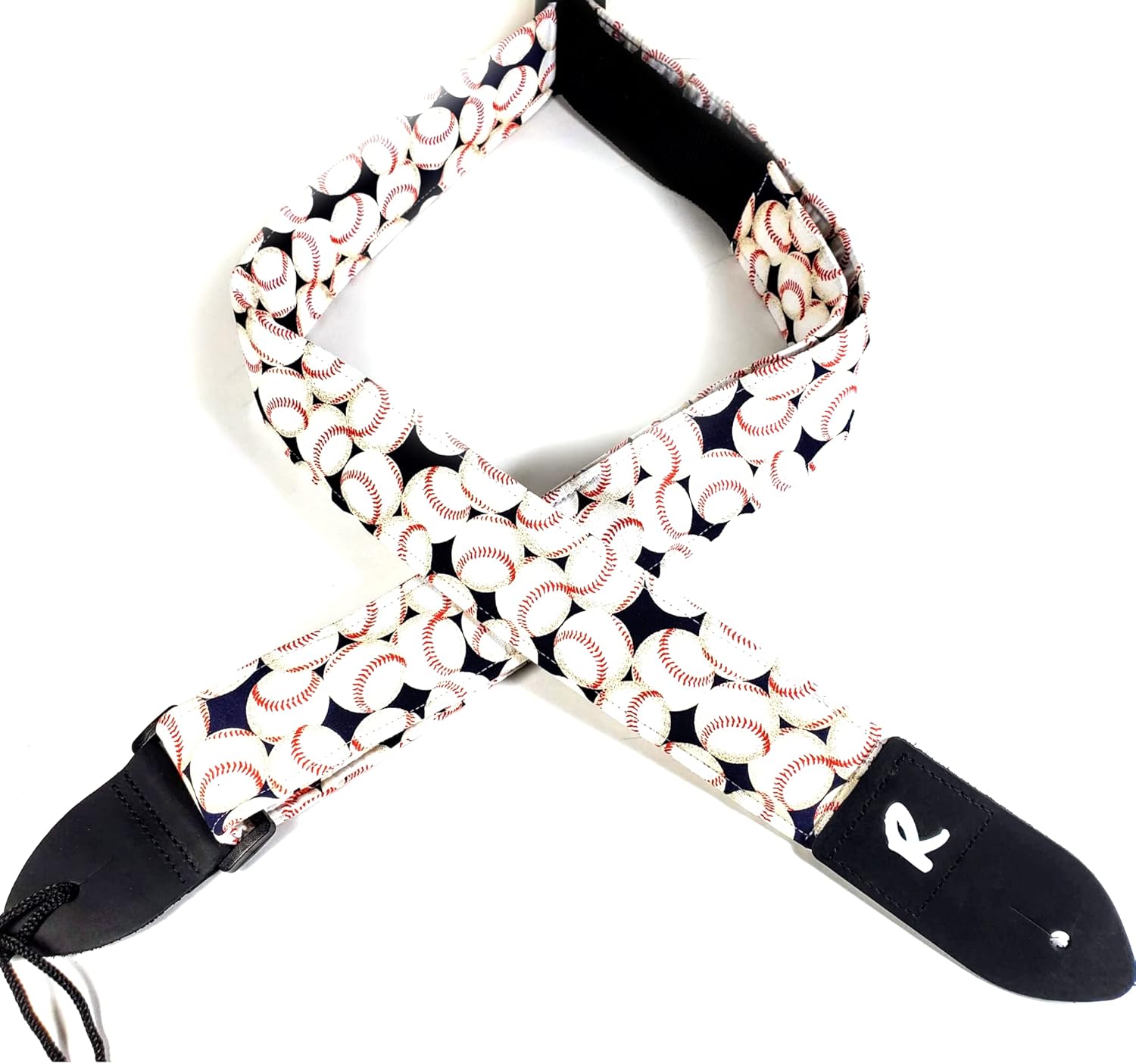 Baseball Guitar Strap, Baseballs on Blue, Genuine Leather Ends, Includes 2 Strap Locks & 1 Pick. Adjustable Strap, Pick Pocket, For Bass, Electric & Acoustic Guitars Gift for Guitar Players Men