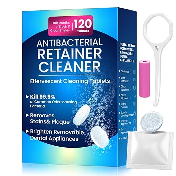 Retainer Cleaner Tablets for Invisalign,120 SULPHATE-free Effervescent Denture Cleaner with Aligner Tools Remove Stains &Odors -Mouth Guard Cleaner Night Guard Cleaner Tablets for Ultrasonic Cleaners
