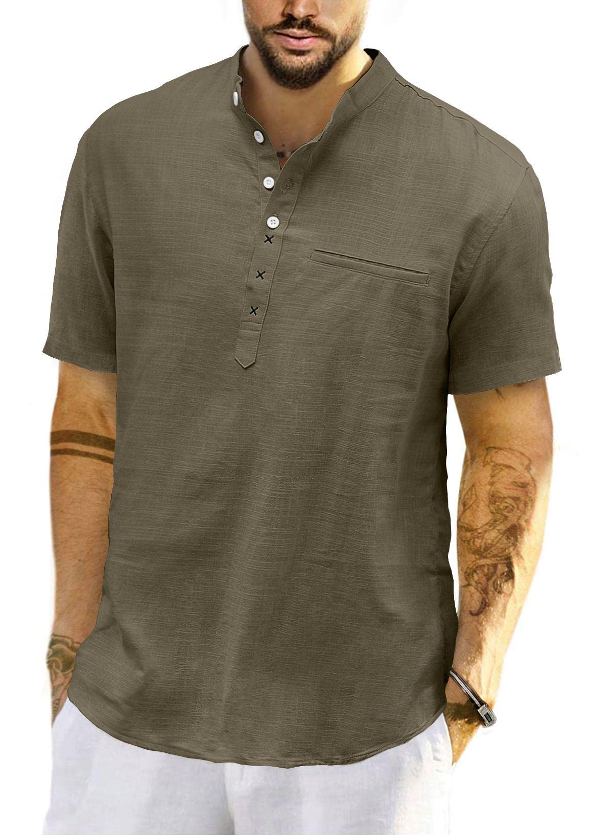 Meilicloth Camisa Lino Hombre Cuello Mao Henley Algodón Casual Regular Fit