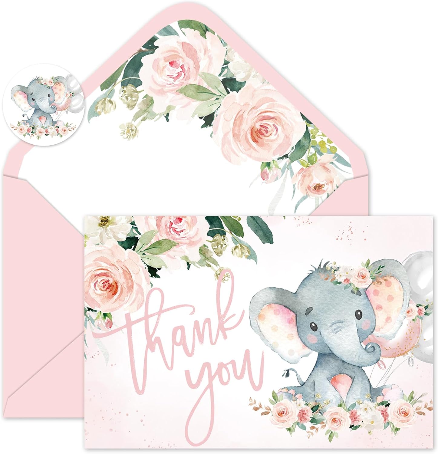 Whaline 24 Pack Baby Shower Thank You Cards Elephant Flower Greeting Cards with Envelopes Stickers Pink Floral Animal Blank Note Cards for Birthday Party Invitation Supplies, 4 x 6 Inch