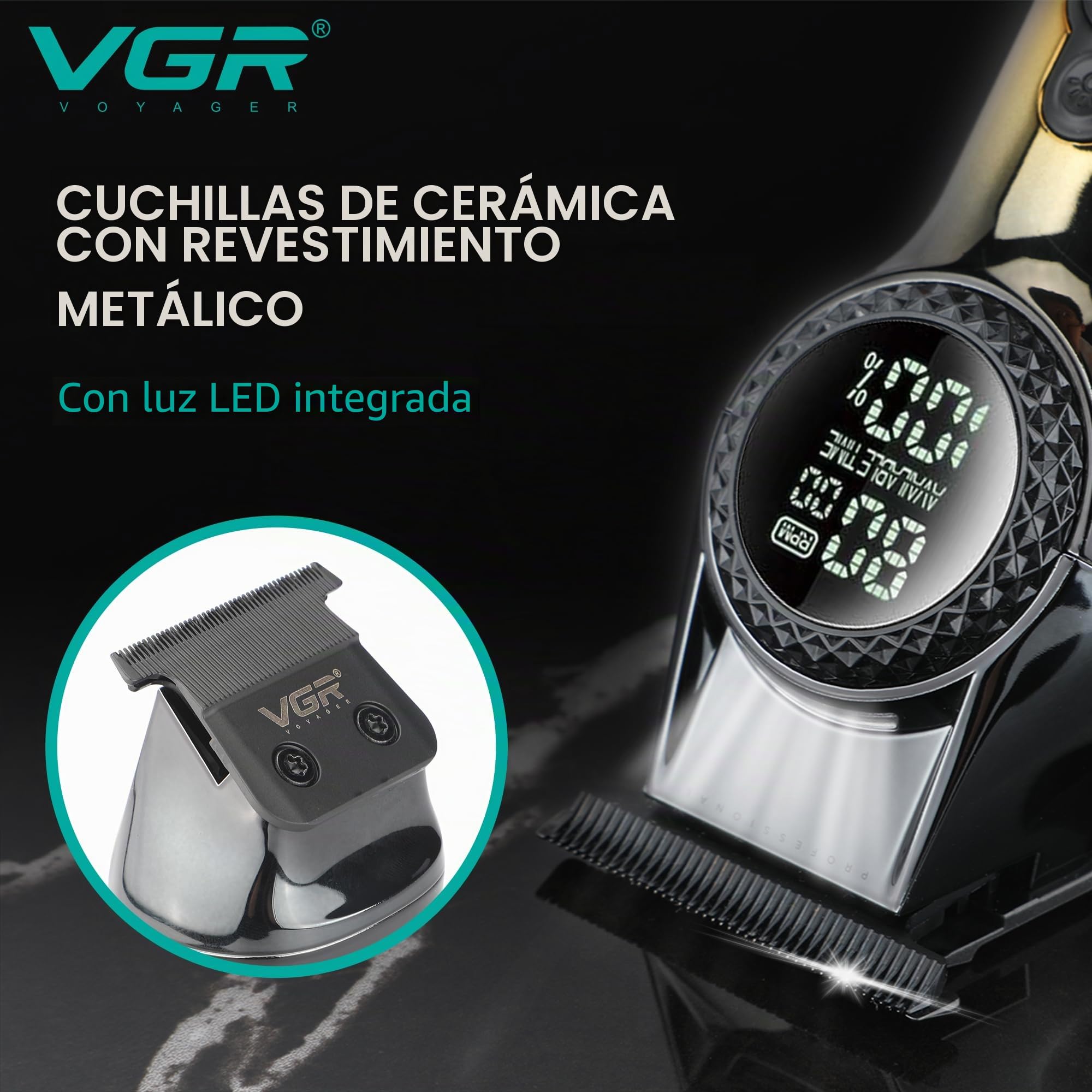VGR Recortadora de barba para hombre recargable USB-C eléctrica, profesional, 8000 rpm, luz LED, 2 velocidades, cuchillas de cerámica, batería de 200 minutos, kit de aseo facial inalámbrico
