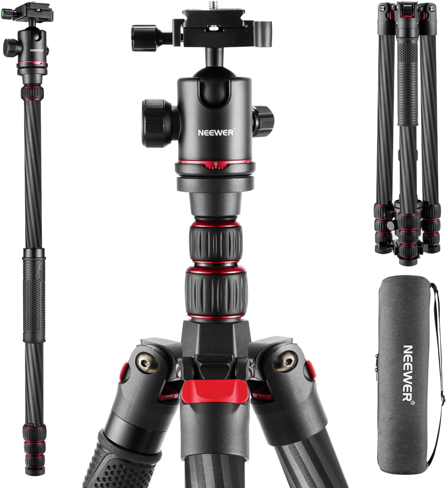 NEEWER Upgraded 80.7” Carbon Fiber Camera Tripod Monopod with Telescopic 2 Section Center Axes, 360° Ball Head,1/4” Arca Type QR Plate, Travel Tripod for DSLR Panoramic Shot, Max. Load 26.5lb, N55CR