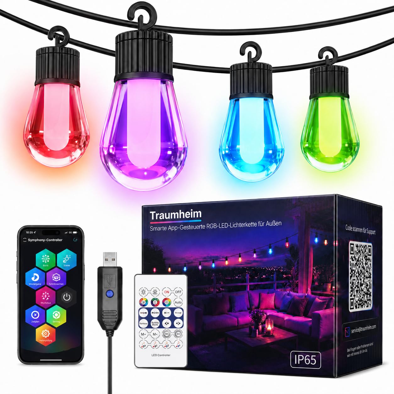 Ciskotu Guirlande lumineuse d'extérieur multicolore - 15 m - Ampoules G40 LED - Pour jardin, balcon, extérieur, IP65, avec télécommande