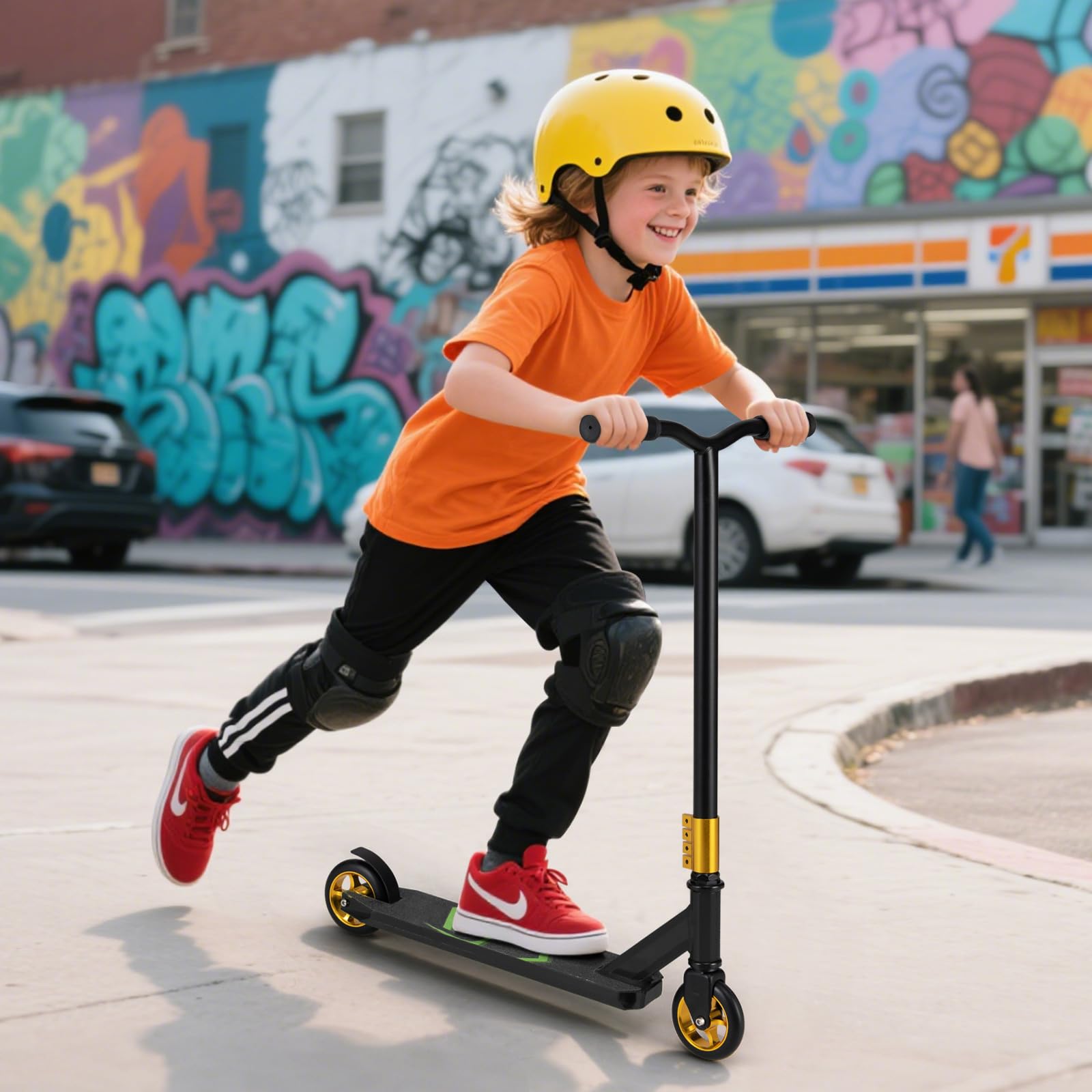 GYMAX Trottinette Freestyle Enfants 10 Ans+, Trottinette Acrobatique Pro, Barre en T en Métal Renforcée, Cadre en Métal Robuste, Plateau en Alliage Léger, Roulements ABEC-7, Capacité 100 Kg