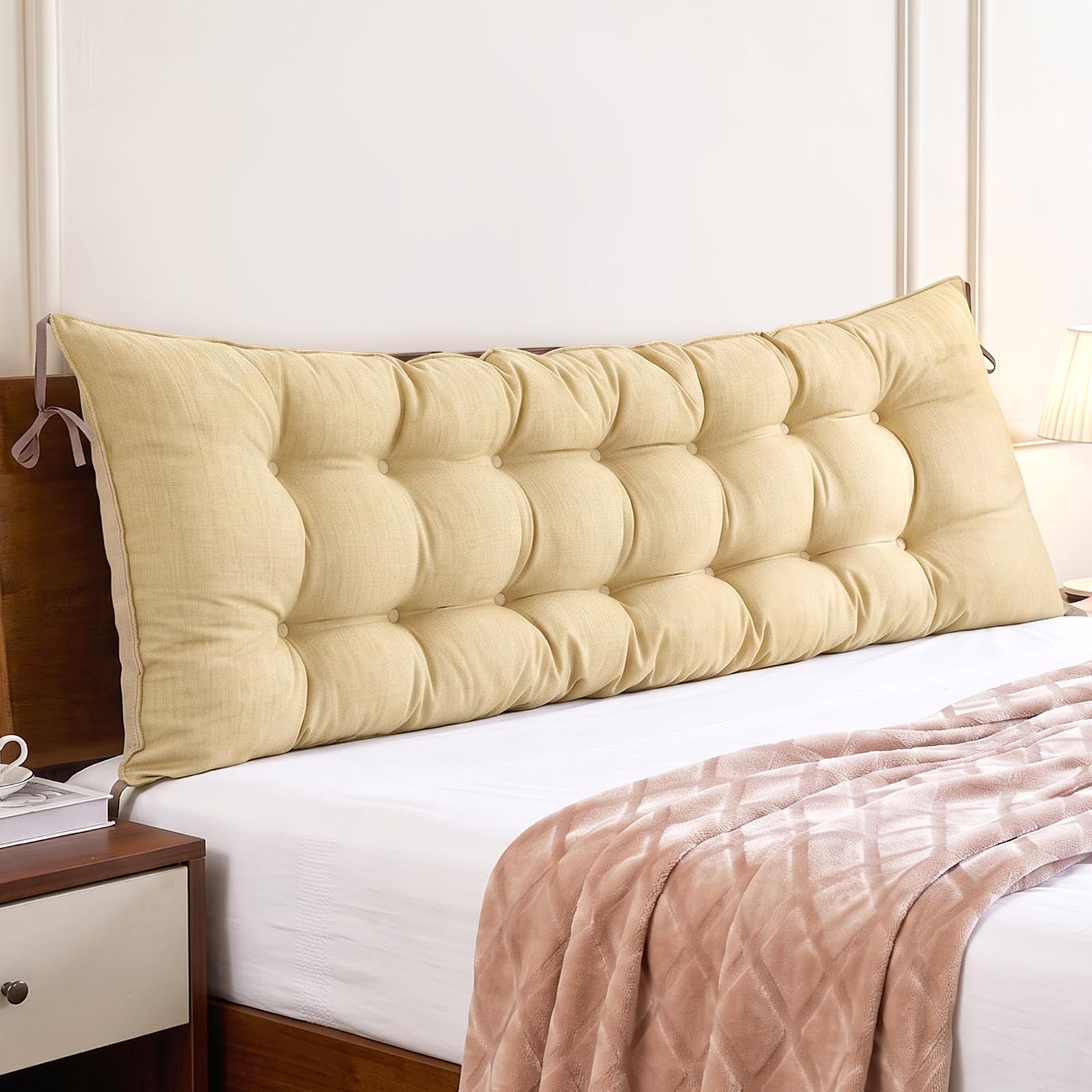 AHSBND Lumbar Support Cushion Headboard: Sofa Back Soft with Ties Wedge Replacement Waist backrest Pillow Triangular Rest Reading Bolster for Bed Adult (Beige, 200 * 50cm*20cm)