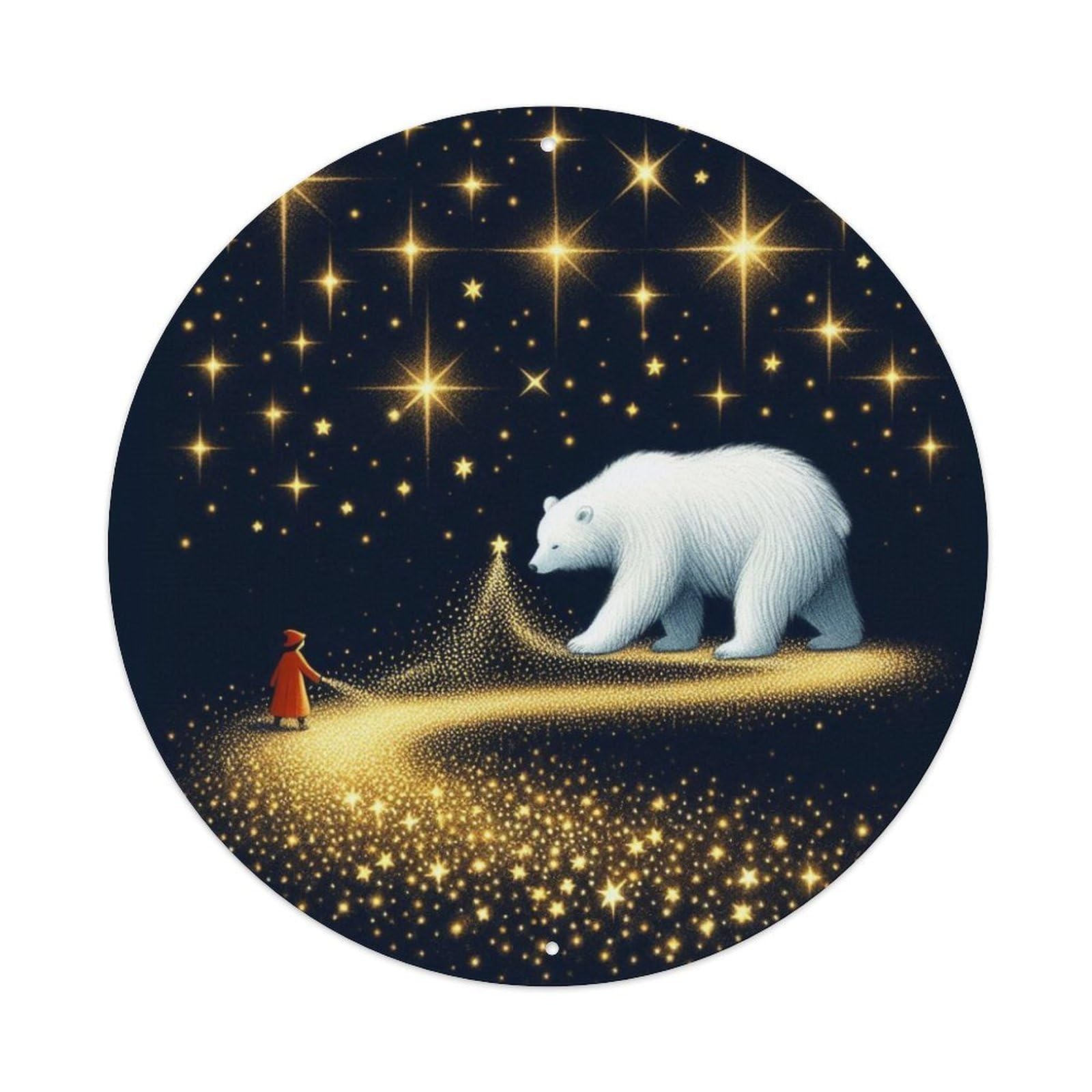 Animal Polar Bear Little Girl Night Starry Path Crescent Vintage Metal Tin Sign Plaque Wall Decor for Cafe, Club Bar, Office, Garden Metal Poster 8x8Inch