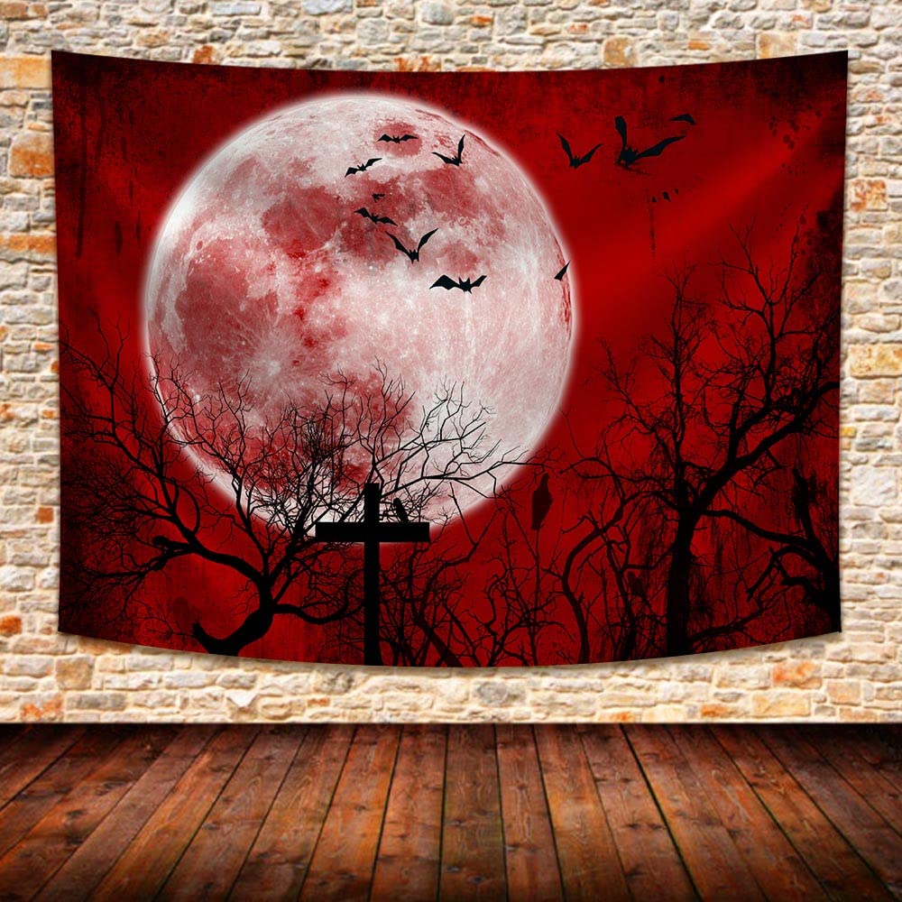 874 Tapestry468 Wall Tapestry Halloween Scary Red Night Sky Moon Plant Trees Branch Cemetery Colorful Wall Hanging For Room Polyester Tapestry For Bedroom For Dorm Office Bedroom,130X150cm