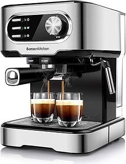 Bosenkitchen Machine à café Espresso Power Espresso Professionale, 15 bars de Pression, Manomètre, Bras Double Sortie, Buse vapeur, Finitions en Acier Inoxydable, 850 W