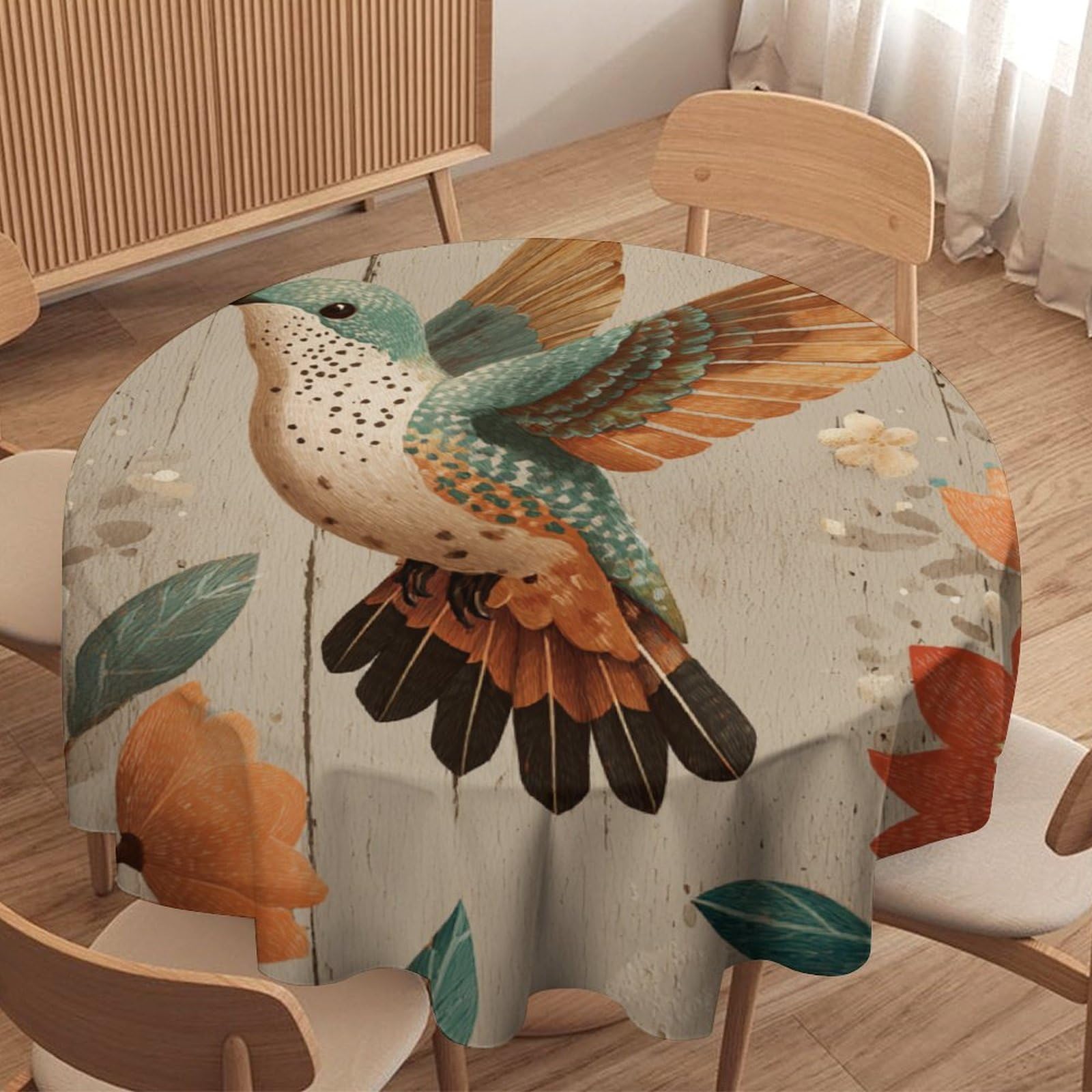 LUYYSKY Realistic Watercolor Birds Hummingbird Waterproof Round Tablecloth Vintage Classic Wooden Board Animals Hummingbirds Floral Washable Table Cover for Kitchen-177.8" Wx177.8 L cm