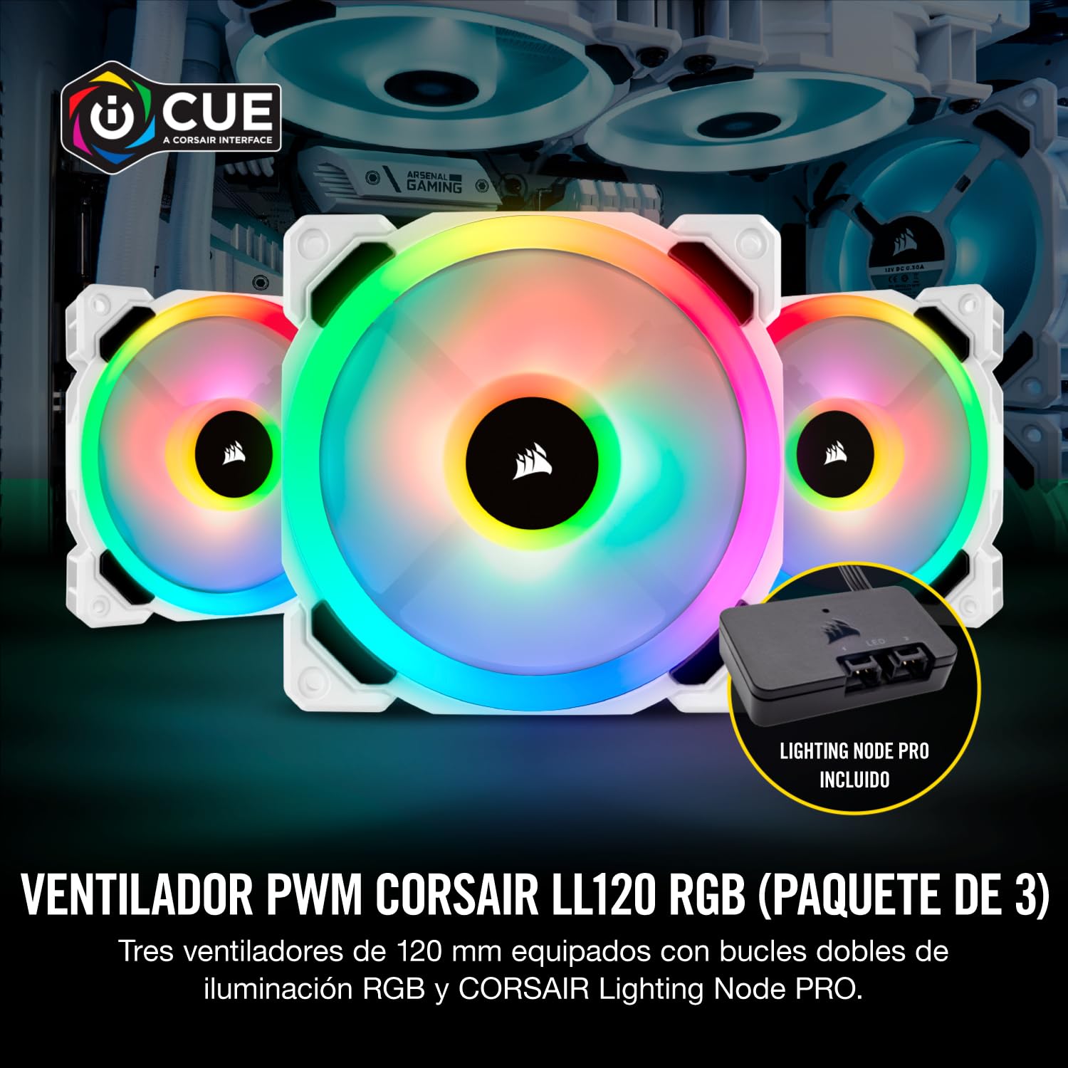 Corsair LL120 RGB - Paquete de 3 ventiladores (Lighting Node Pro, LED 120 mm) blanco (CO-9050092-WW)