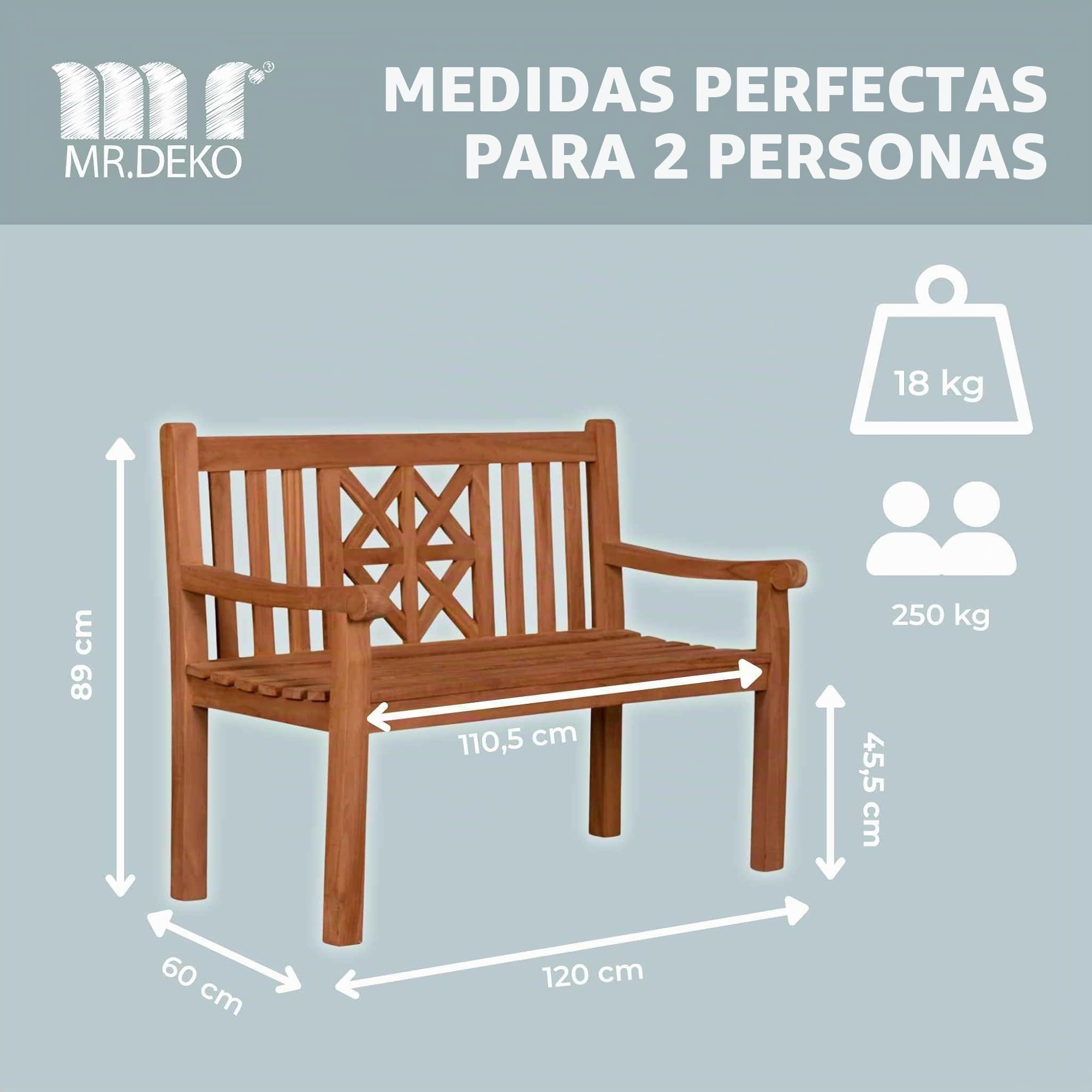 Mr. Deko - Banco/Banc de Teca para/per a jardín/jardí, Parque/PARC, mobiliario Exterior, balcón/balcó | Resistente/Resistent Madera/Fusta de Teca | Asiento/seient Decorativo rústico terraza/pati