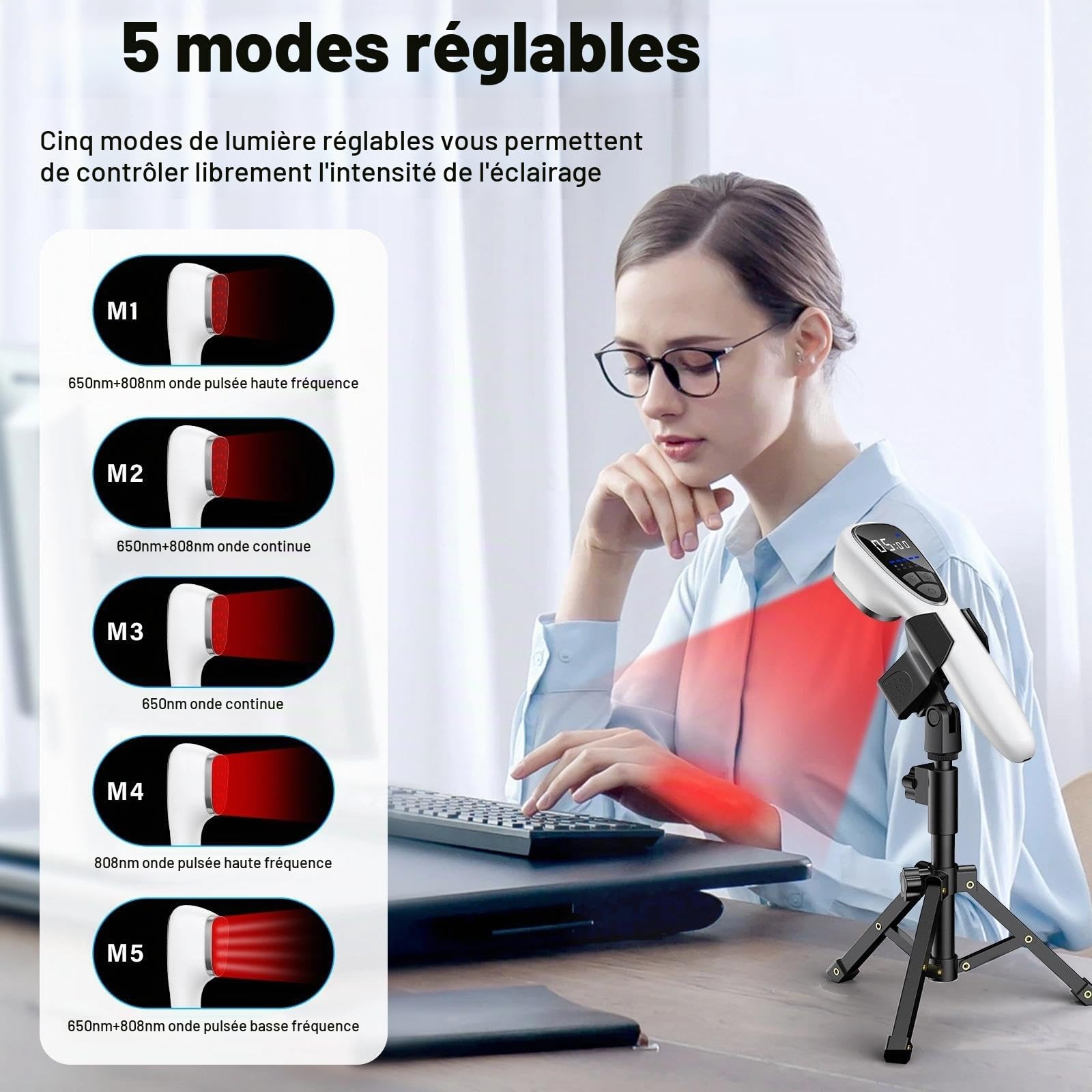 Appareil Lumière Rouge 650nm & 808nm avec Support – Lampe Infrarouge Portable Sans Fil avec 5 Modes & Minuterie, Appareil Bien-être pour Relaxation Musculaire, Dos, Cou, Sport & Détente à Domicile