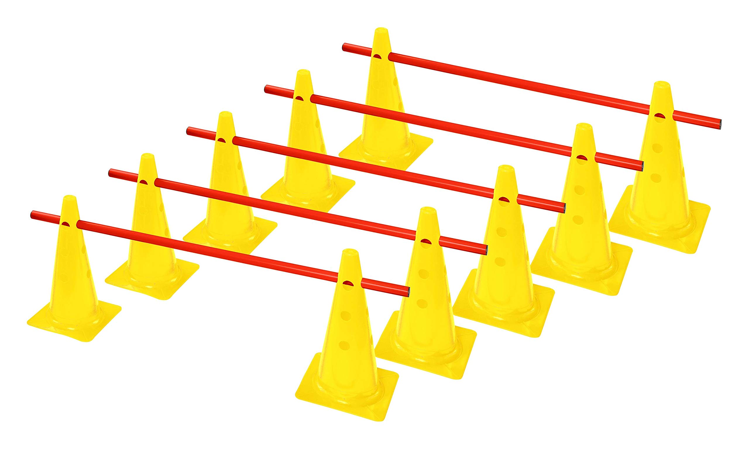 Lot de 5 clôtures à emboîter - 10 cônes jaunes : 38 cm - 5 barres rouges : 1 m.