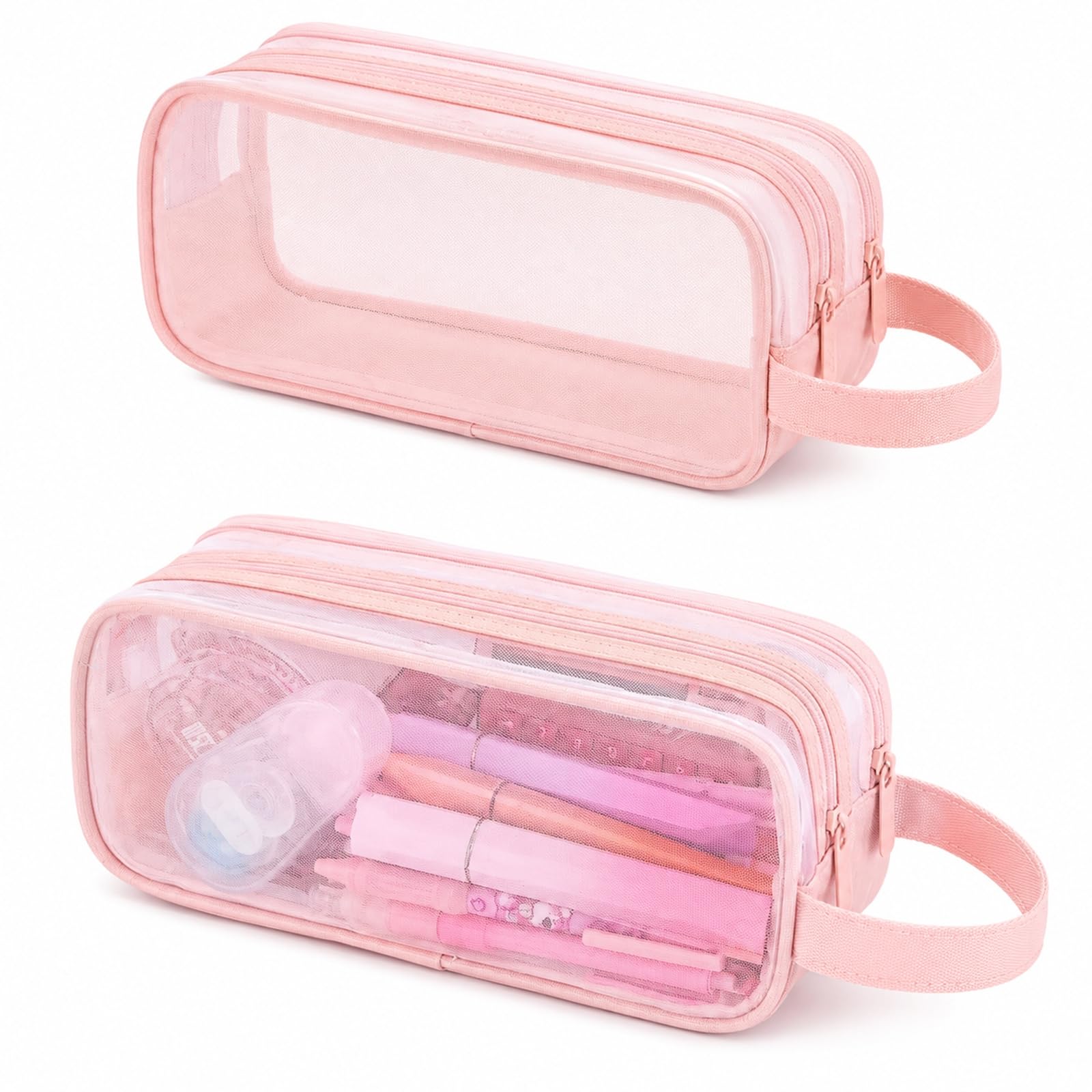 Pink Clear Pencil Case, Mesh Pencil Pouch, 2 Compartments, Cute Pen Bag
