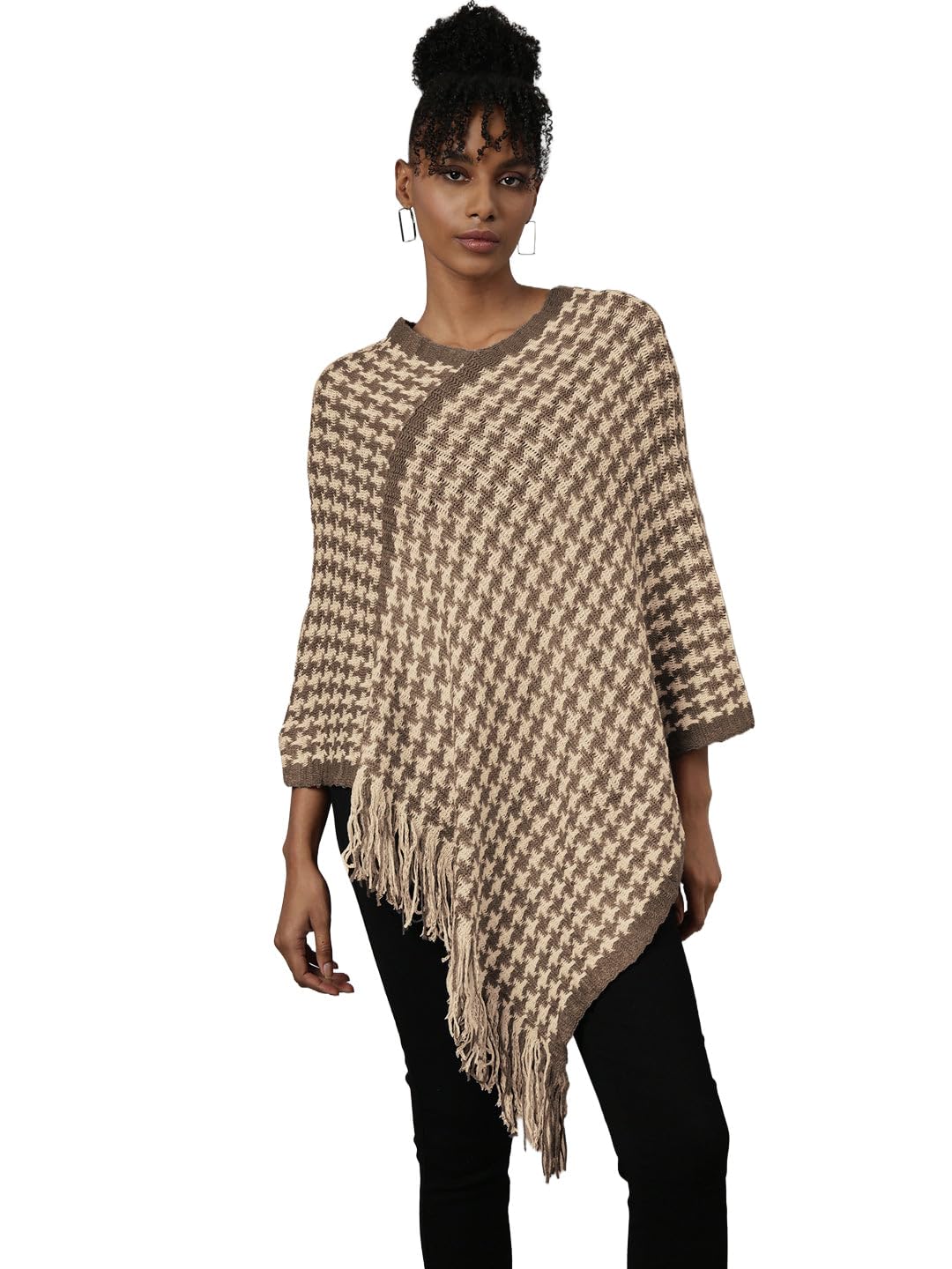 showoffff Women's Beige Houndstooth Knitted Poncho with Fringe Trim-CHN-9971_Beige-picture-11