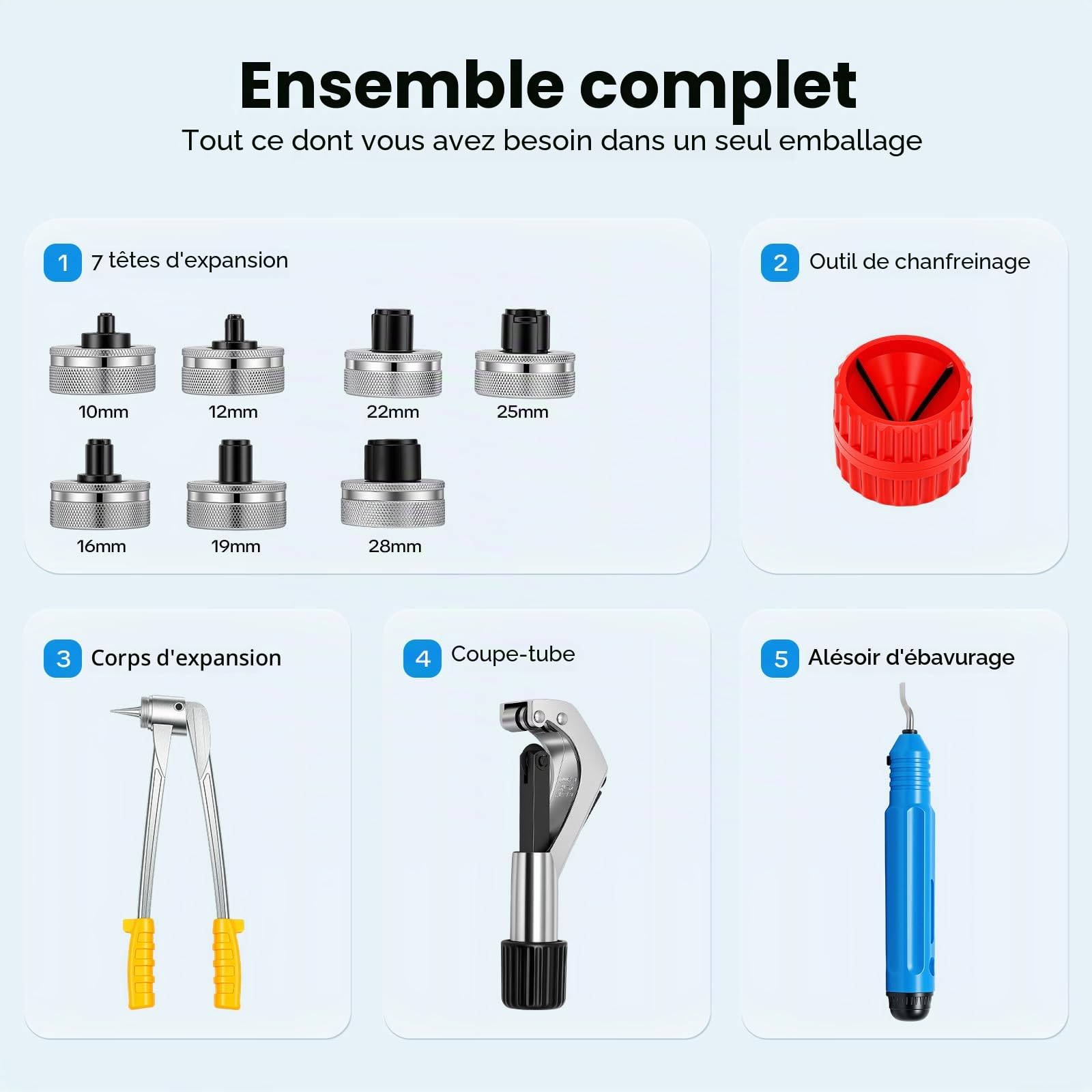 Kit d'élargisseur de tuyaux manuel de 10 à 28 mm avec sac de transport et 7 têtes d'extension interchangeables permettant d'élargir le cuivre et l'aluminium