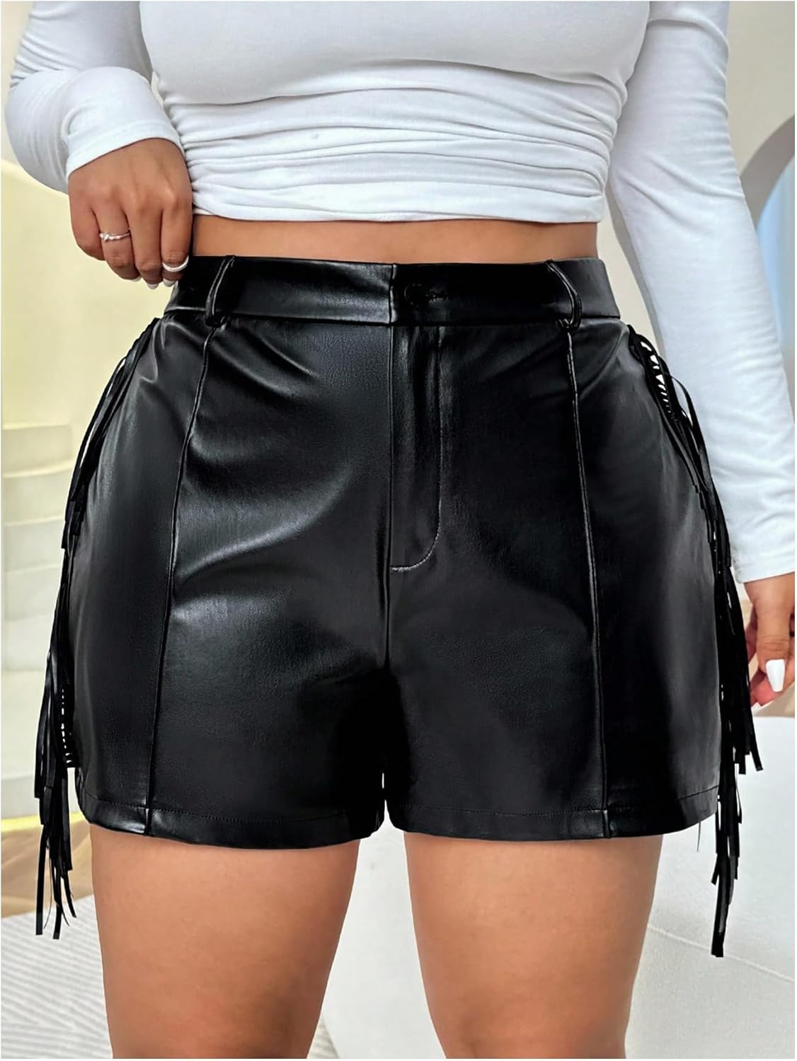 Women's Plus Size Faux Leather Mini Shorts Y2k Fringe High Waisted Party Club Skinny Shorts Concert Festival Outfits - Image 3