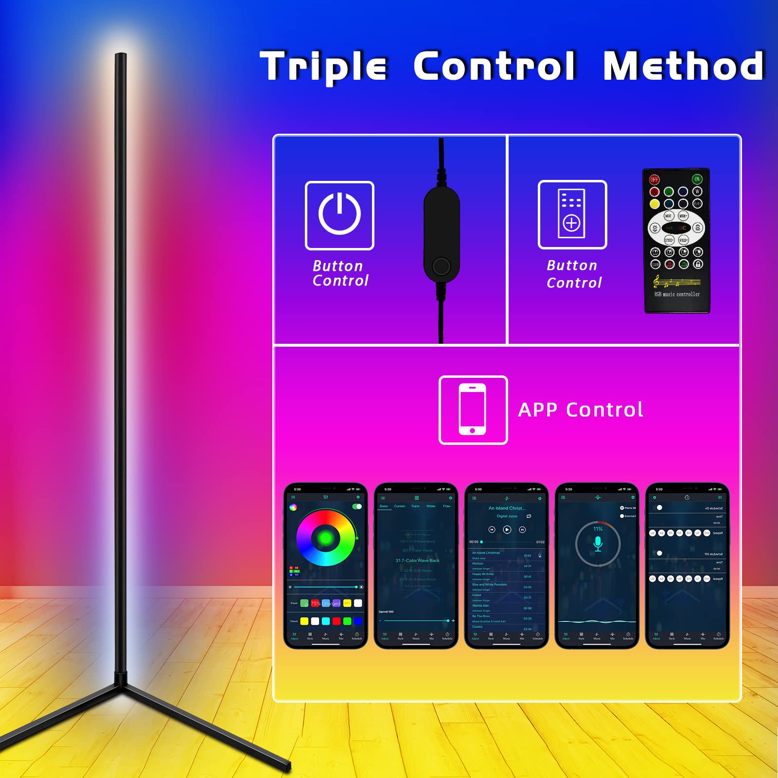 LZHOME Rotatable LED Corner Floor Lamp: 2-Packs 27W RGB Color Changing Lighting Standing Floor Light with Control Tool, Dimmable, Music Sync & Timing