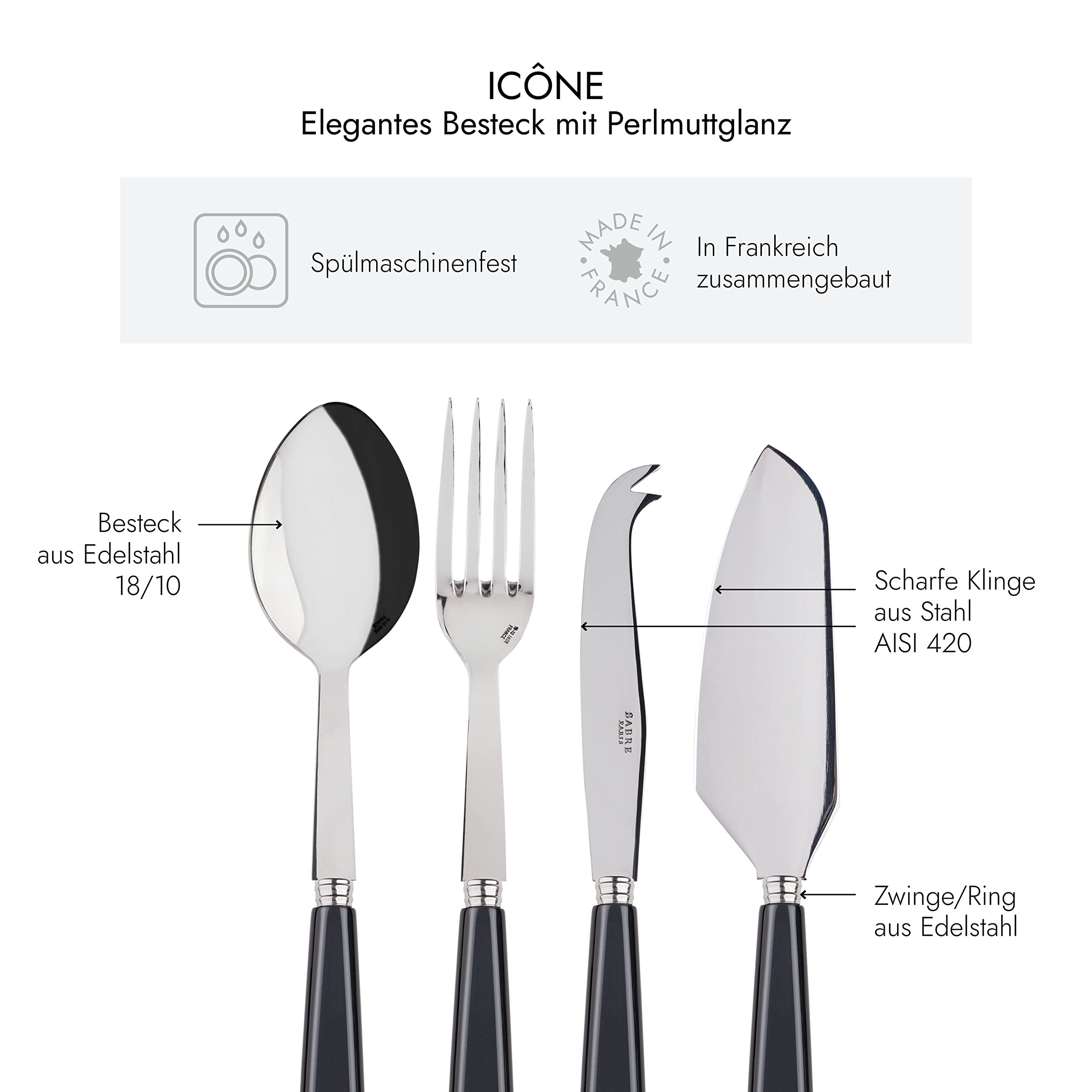 SABRE PARIS - Essential-Servierbesteck 4er Set - Icône - Tortenheber mit Klinge & Großes Käsemesser - Edelstahl & Acryl - Spülmaschinenfest - Dunkelgrau