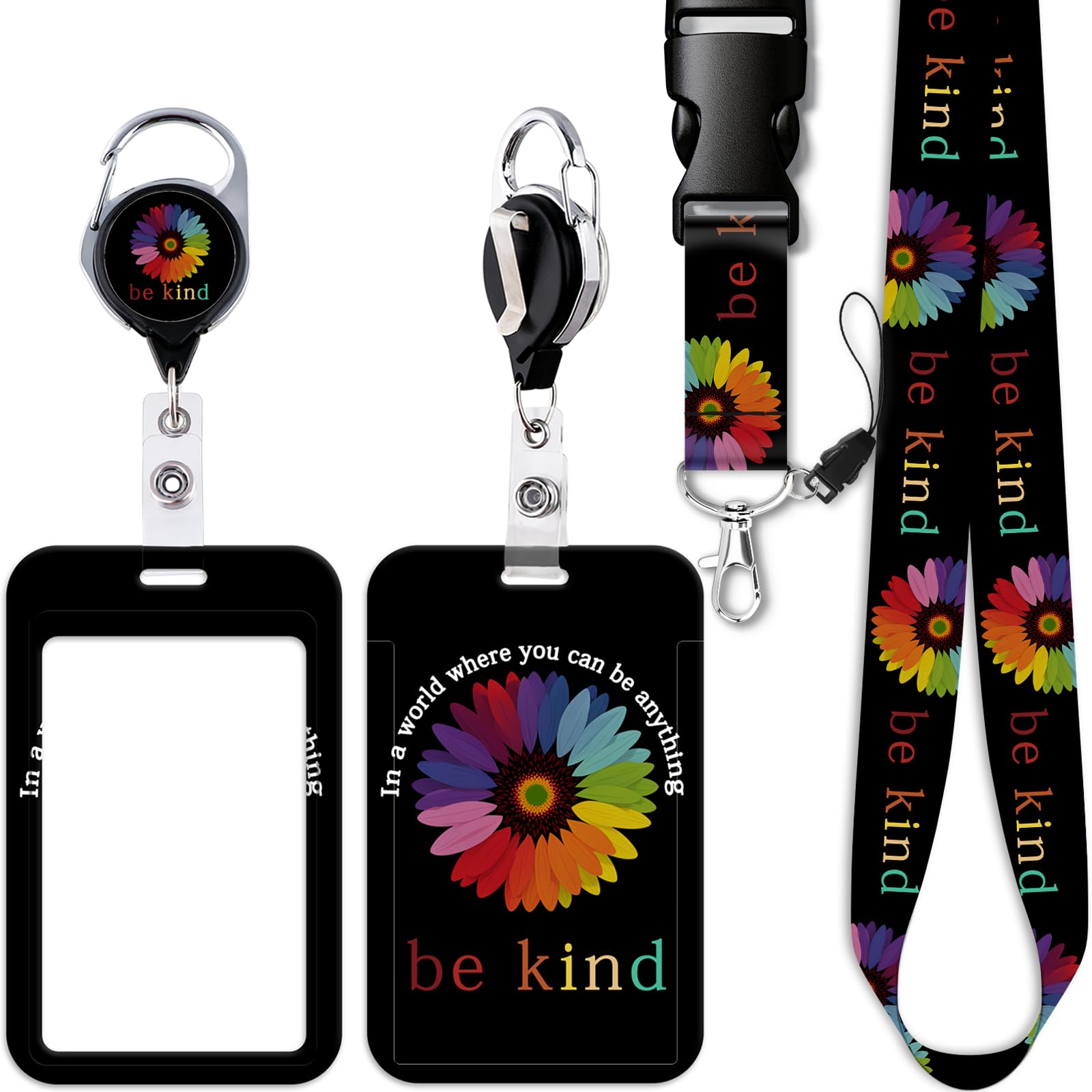 Be Kind Teachers ID Lanyard Card Holder with Heavy Duty Retractable Badge Holder Reel Clip Cute Flowers Neck Lanyard Strap for Women Men Nurses for ID Badge Keys Preppy School Reel ID Holder(Black) โ image 1