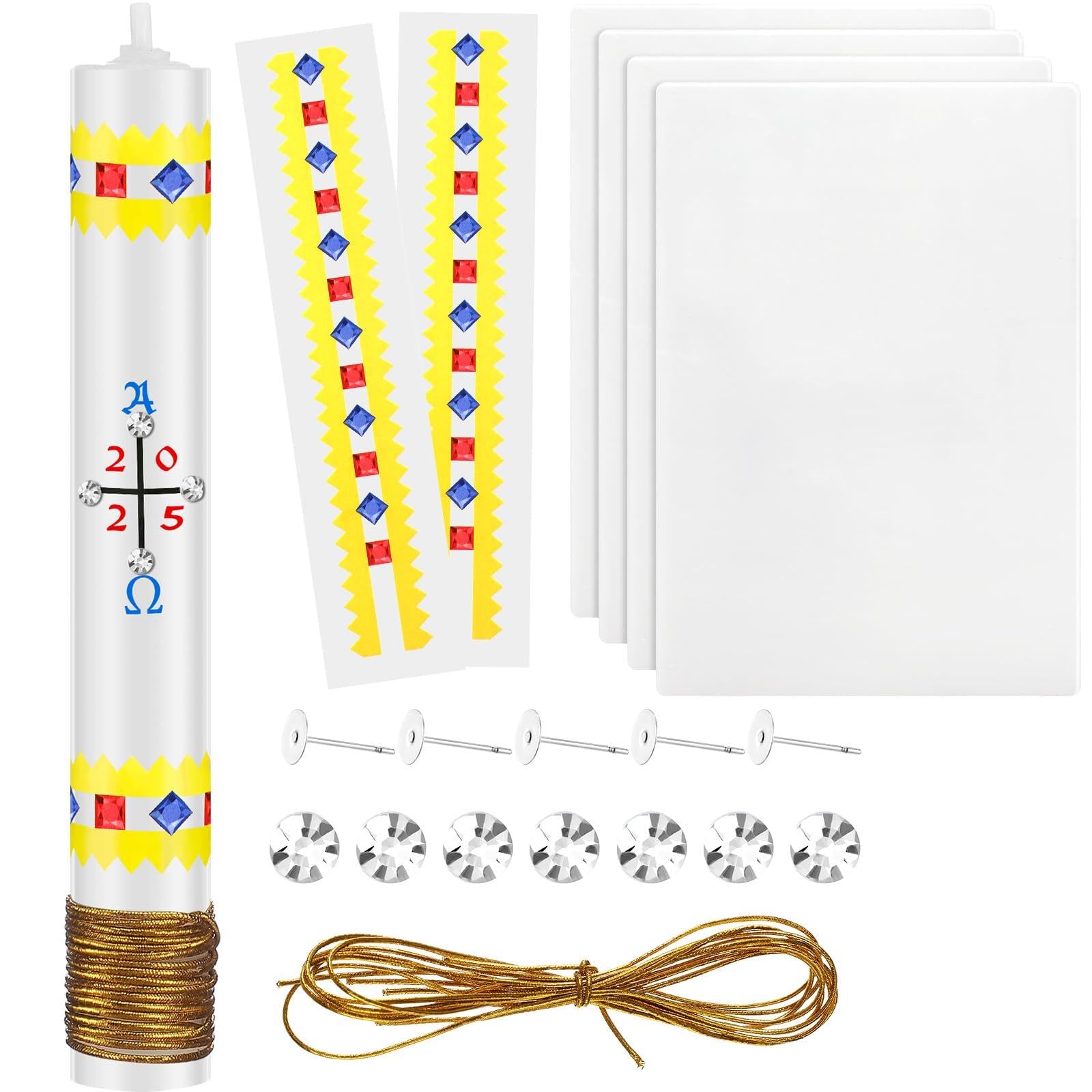 Conelist 4 Set of Easter Candle Craft, DIY Paschal Candle Kit Include Candles, Cotton Wicks, Pre Printed Water Stickers, Gold Wire Strands, Flat Pins, White Crystal Diamonds, Paschal Party Favor Kit
