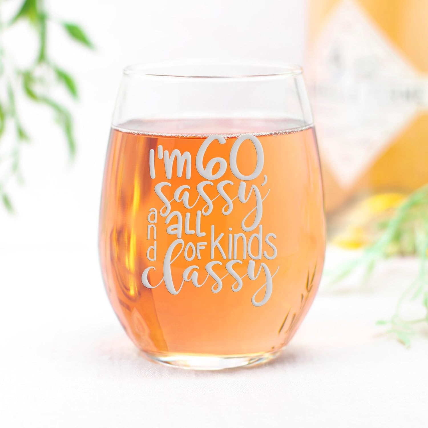 60th Birthday Sassy Stemless Wine Glass - Gifts for Women, Sixtieth Birthday Present - 2 Glasses