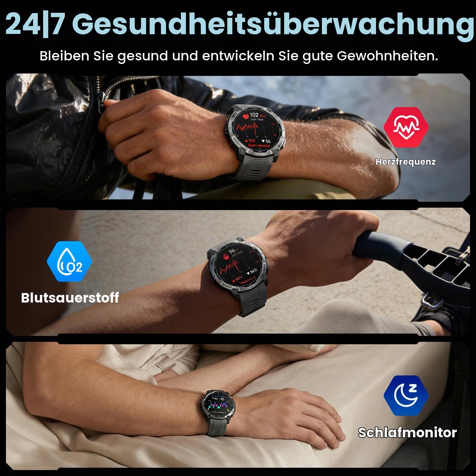 Militär Smartwatch Herren mit GPS, 1,43" AMOLED HD Fitnessuhr mit Bluetooth Anrufe, LED Taschenlampe, Kompass, 100+ Sportmodi, 3ATM Wasserdicht, Herzfrequenz, Smart Watch für iPhone Android