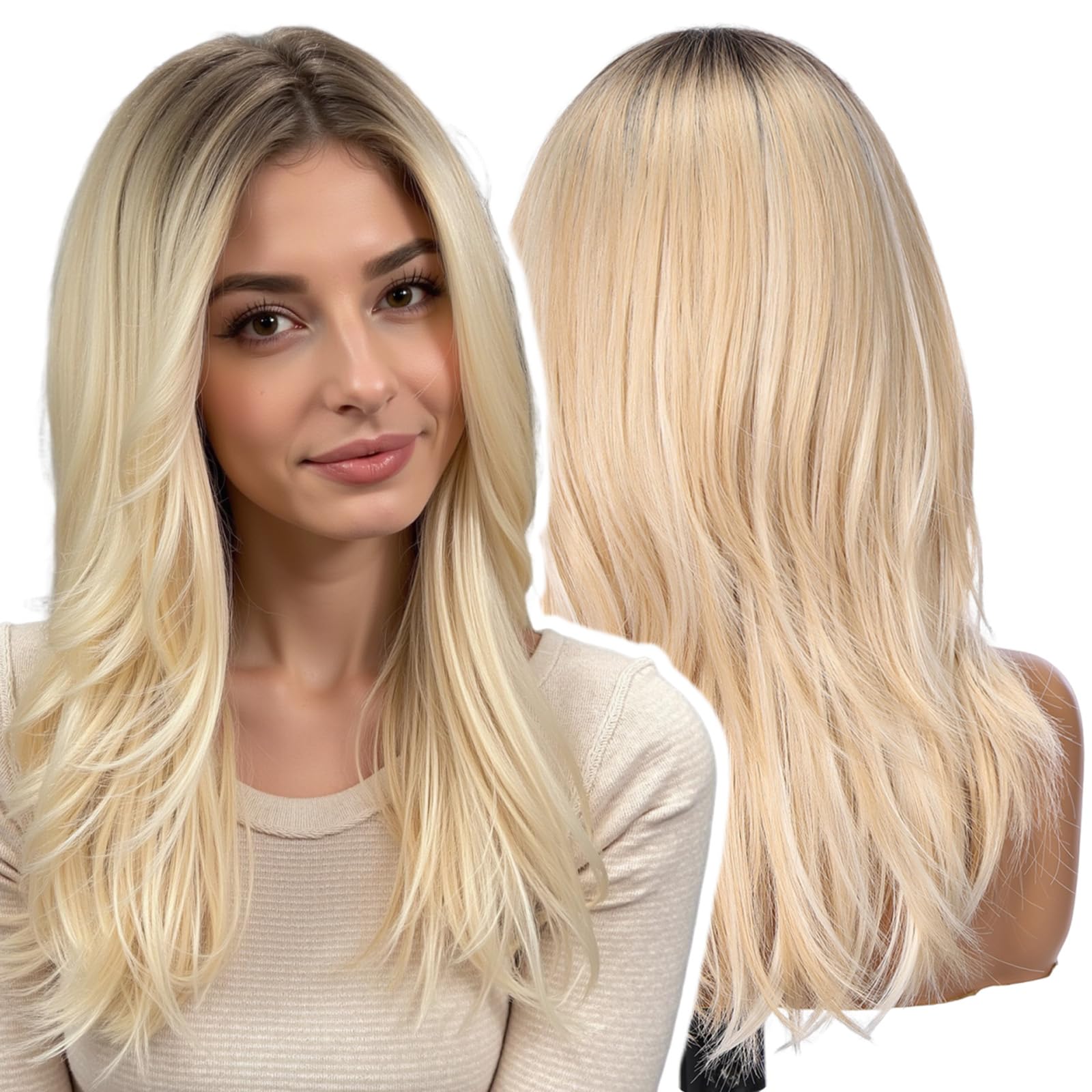 WOKESTAR Parrucche Lunghe Naturali per Donne con Frangia Capelli Sintetici Resistenti al Calore Parrucca Bionda per Uso Quotidiano Party Cosplay