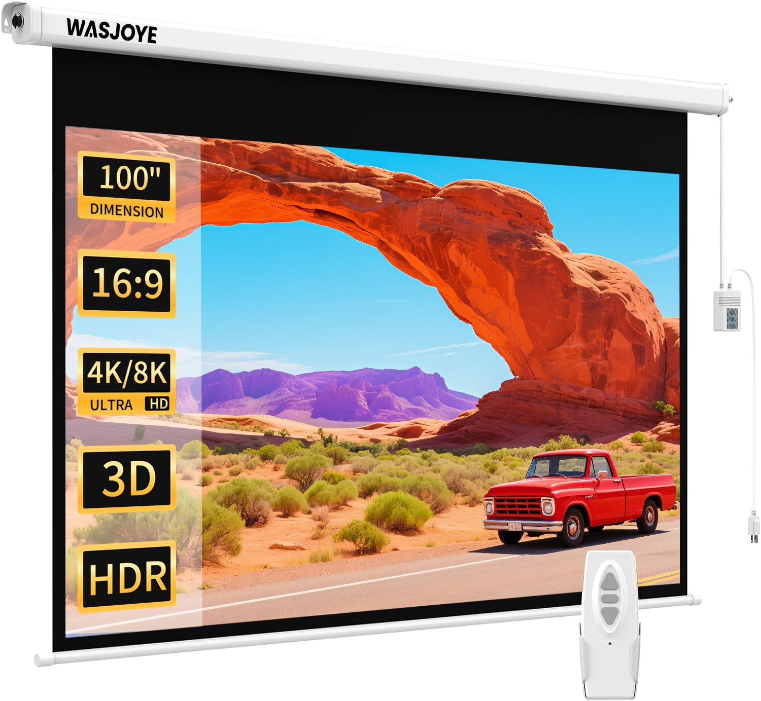 WASJOYE Motorized Projector Screen 100" - 16:9 Electric Projector Screen Wall/Ceiling Mount with Remote Control 8K 3D Projection Screen Dual Side Power Supply for Home Theater Office TV Game School