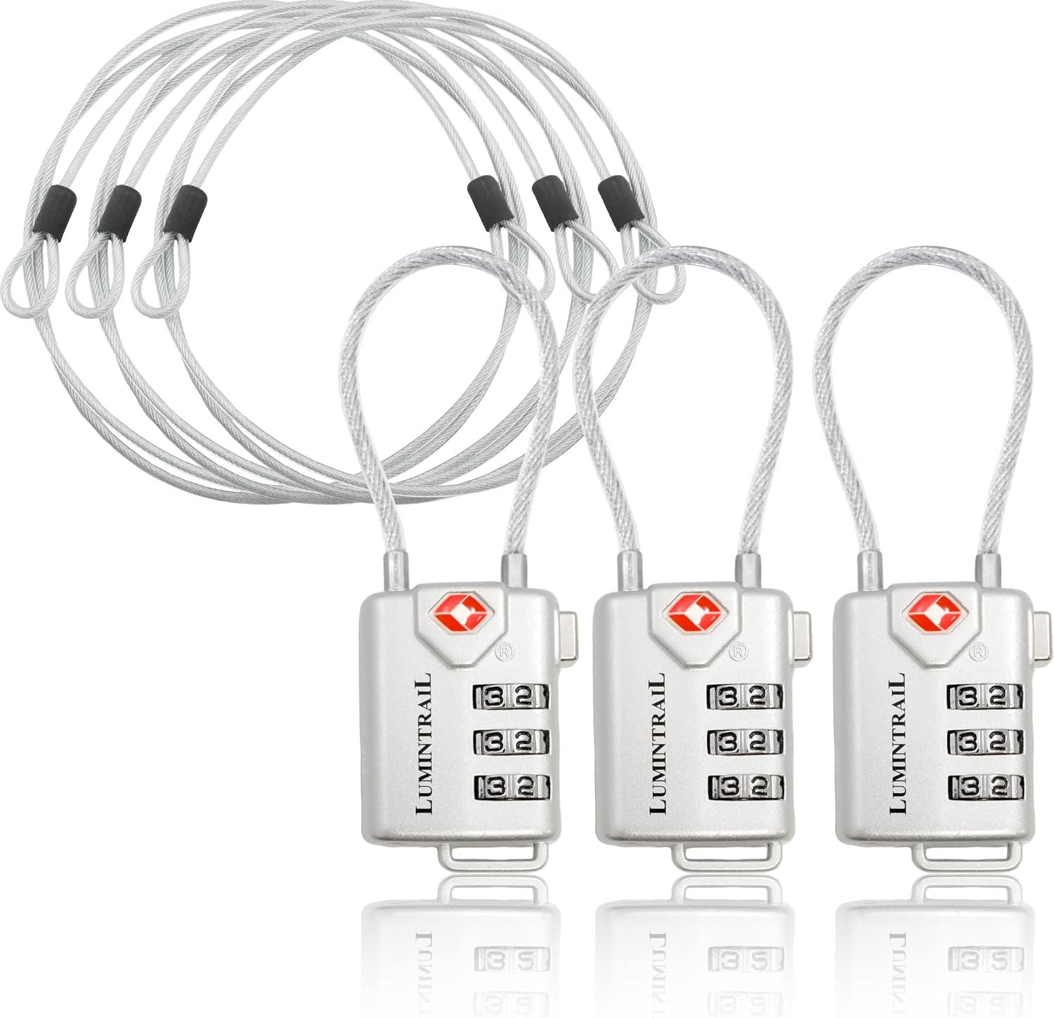 Lumintrail 3 Pack TSA Approved All Metal Personalized International Luggage Combination Travel Lock with 4-ft Steel Cable, for Suitcase and Baggage - Assorted Colors (Silver)